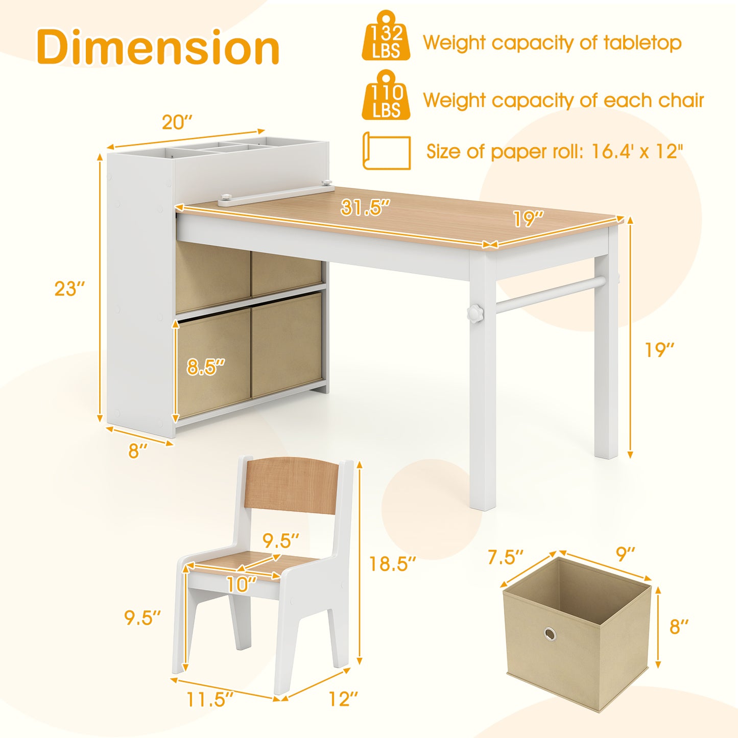 Kids Art Table and Chair Set with Paper Roll and Storage