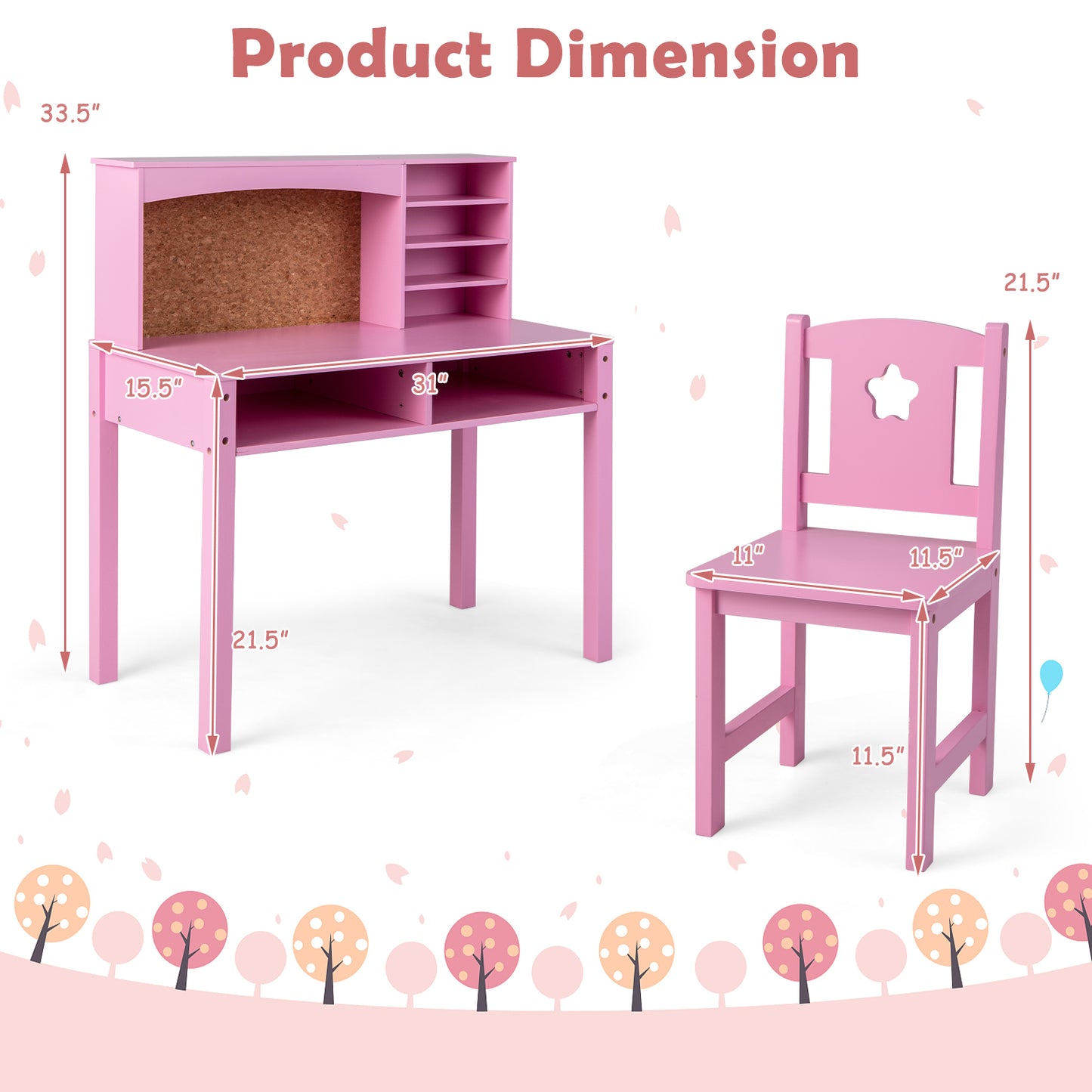 Kids Desk and Chair Set with Hutch and Bulletin Board