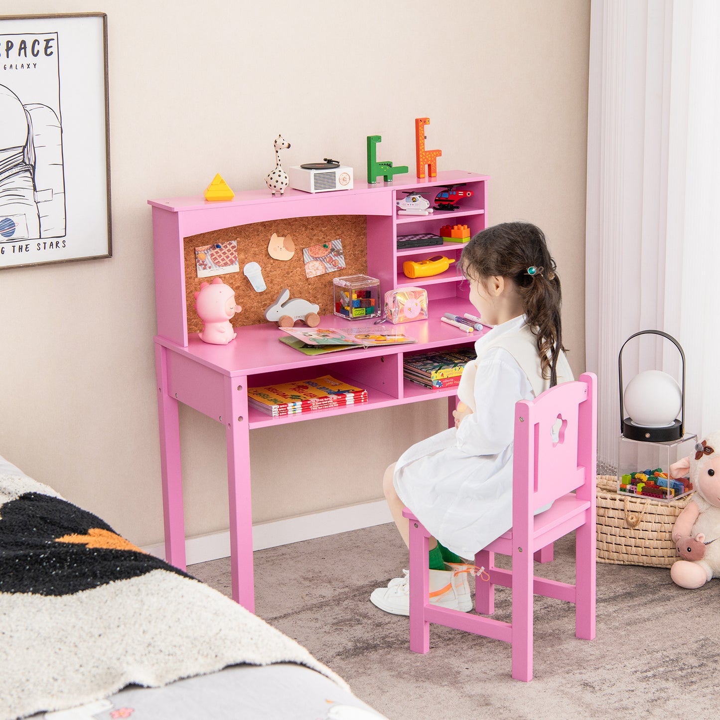 Kids Desk and Chair Set with Hutch and Bulletin Board