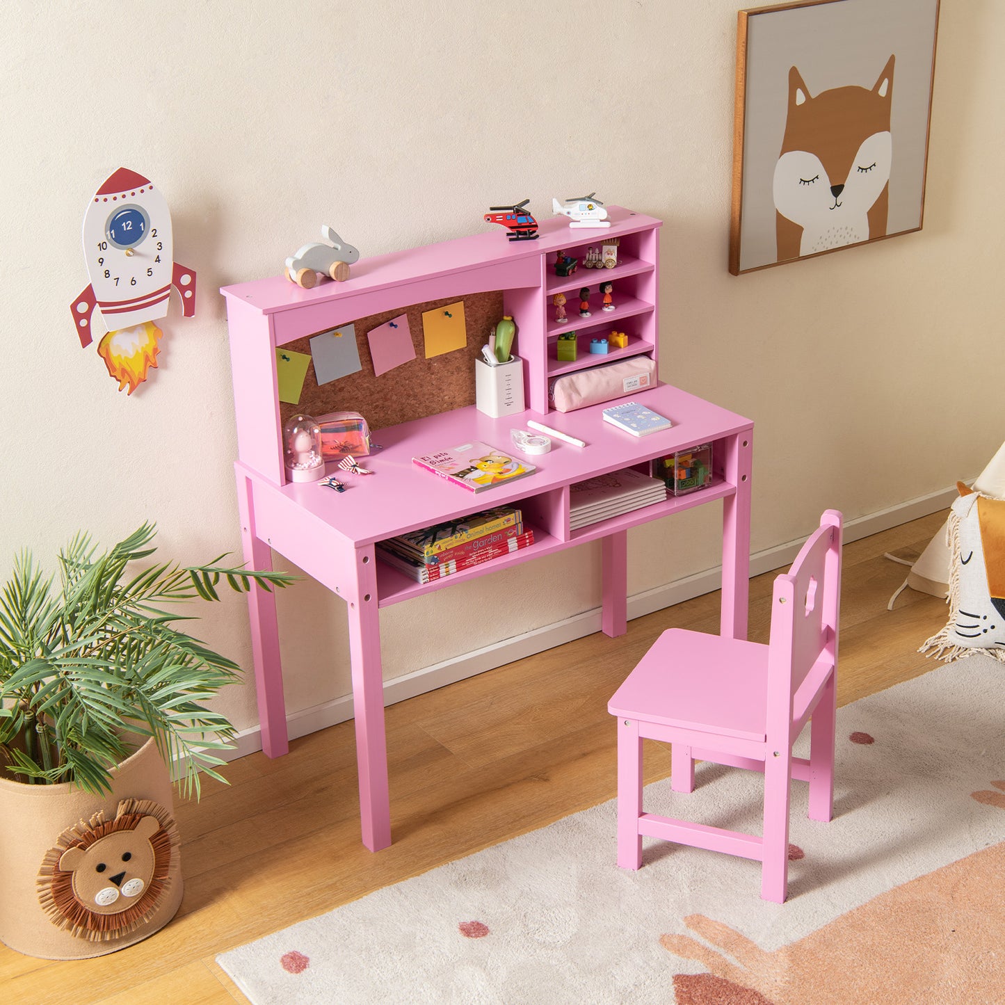Kids Desk and Chair Set with Hutch and Bulletin Board