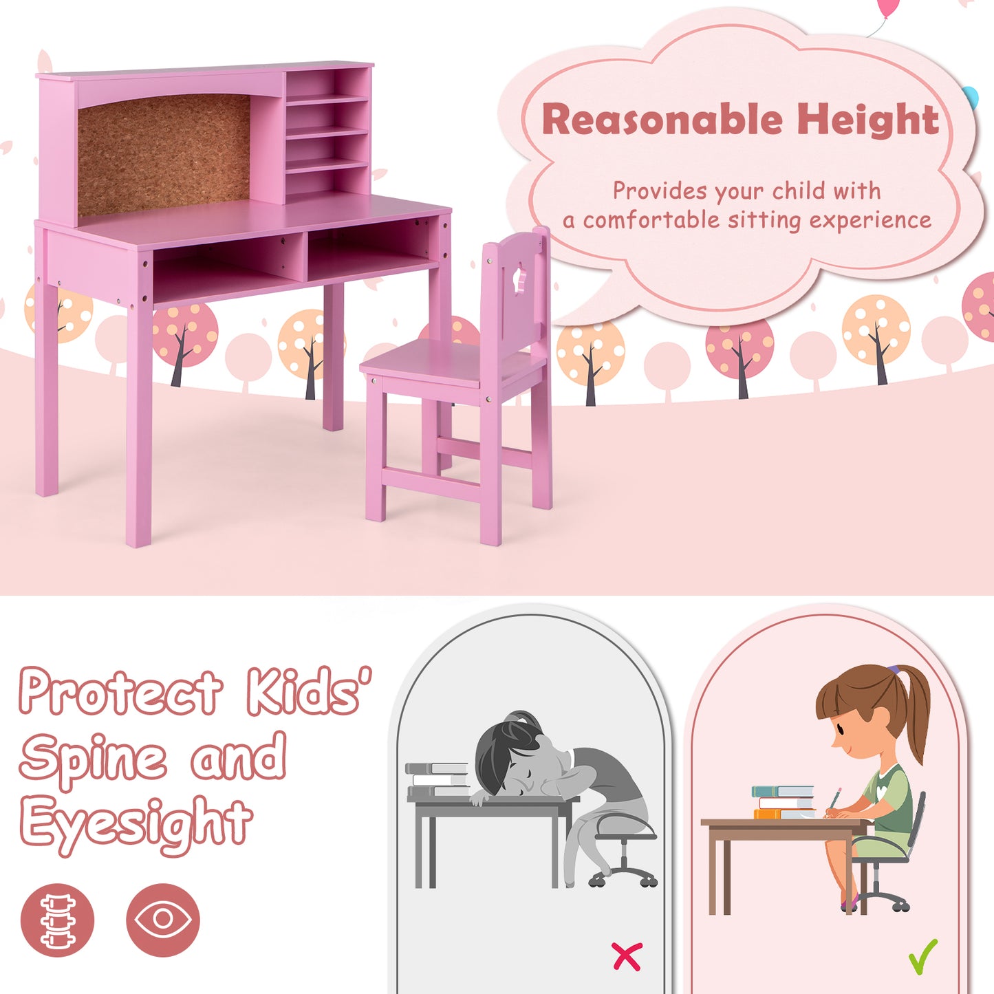 Kids Desk and Chair Set with Hutch and Bulletin Board