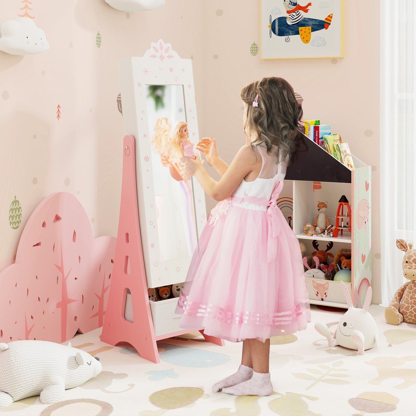 Kids Jewelry Cabinet with Full-Length Mirror and Foldable Drawer-White