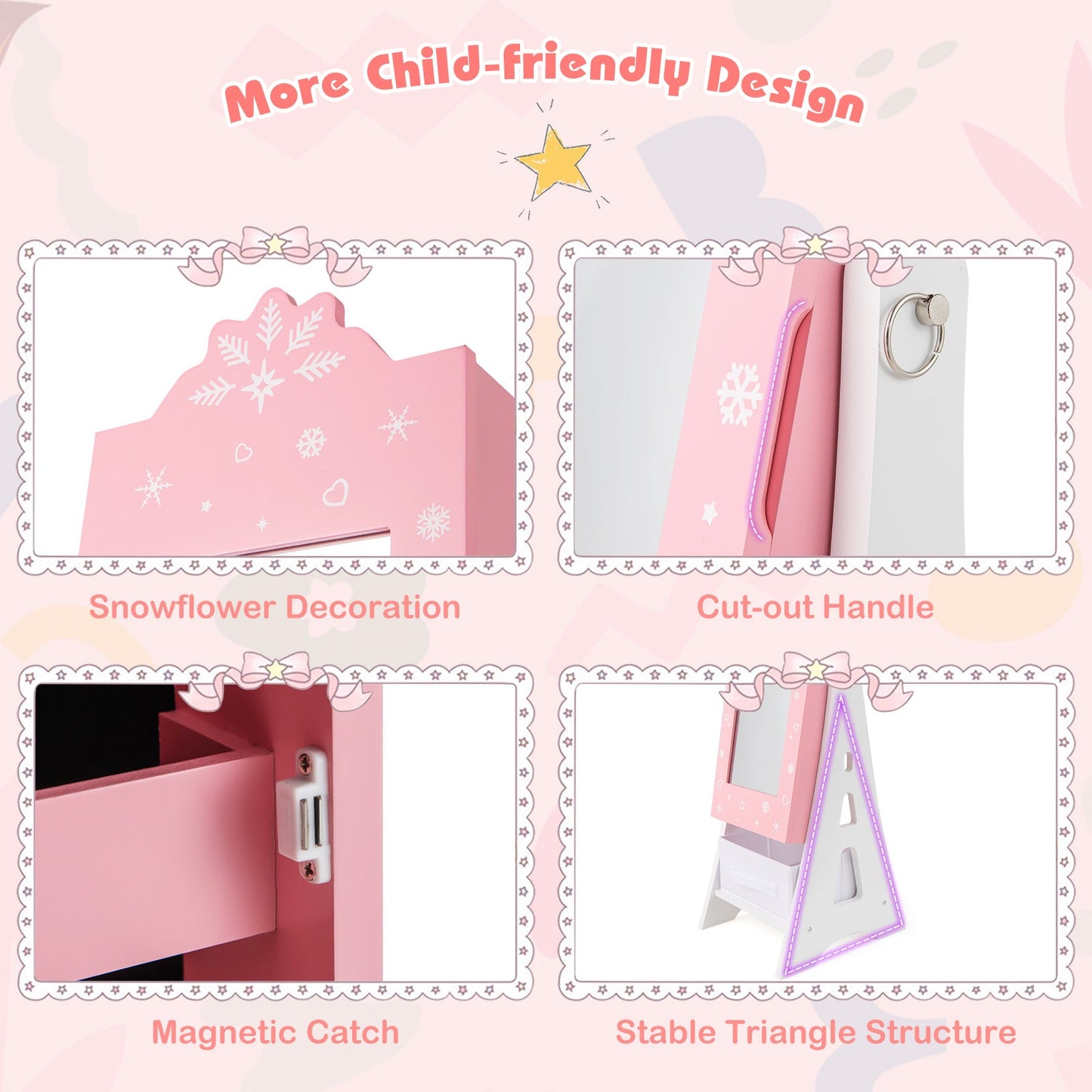 Kids Jewelry Cabinet with Full-Length Mirror and Foldable Drawer-Pink