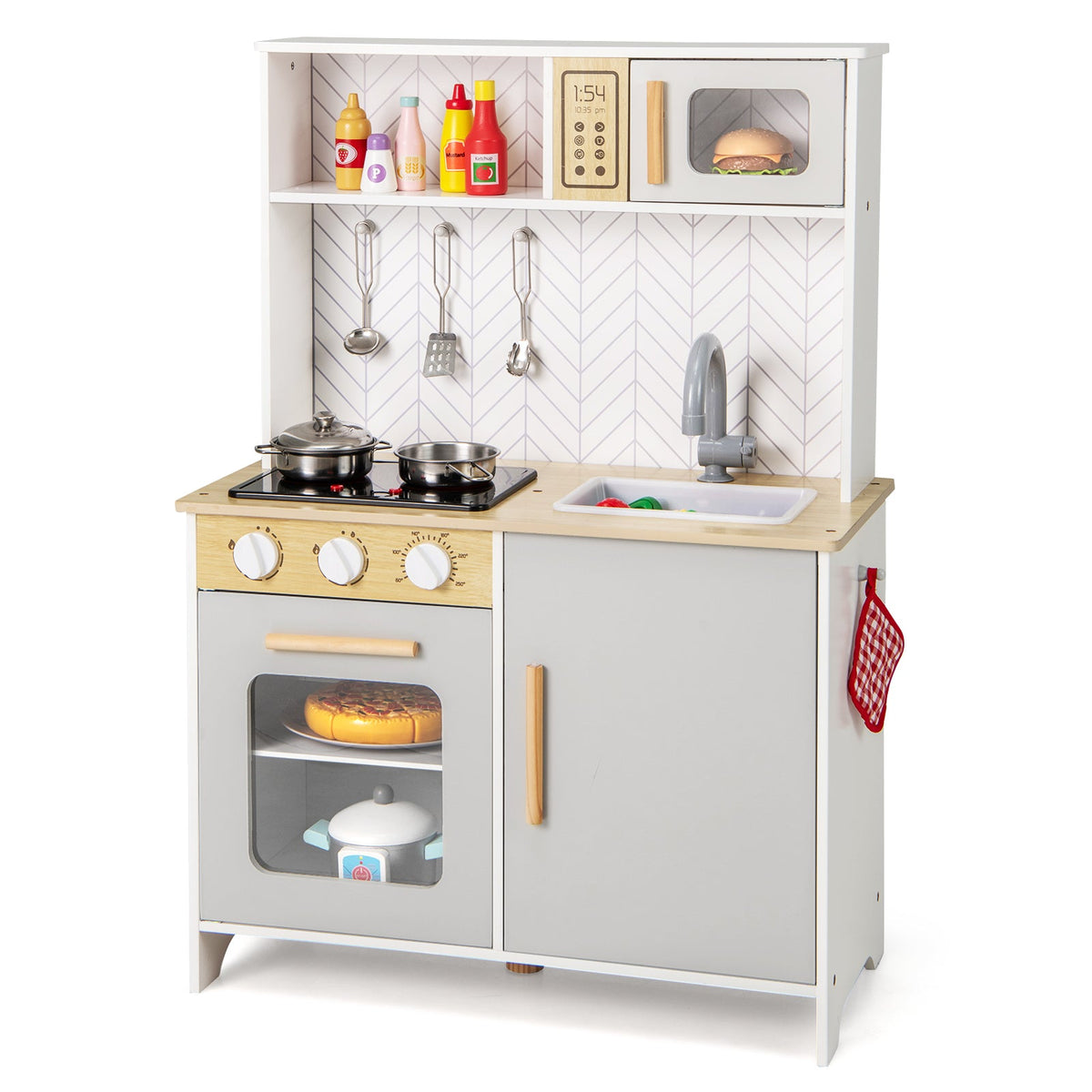 Kids Kitchen Playset with Lights Sounds Microwave Stoves Sink Oven and Cooking Accessories-White