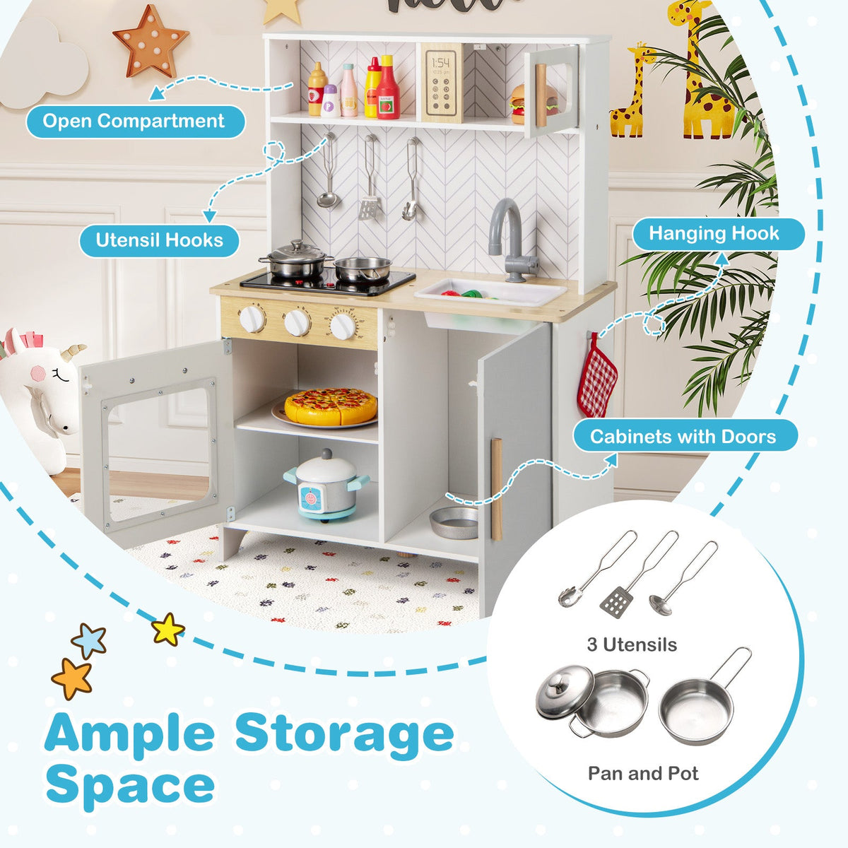 Kids Kitchen Playset with Lights Sounds Microwave Stoves Sink Oven and Cooking Accessories-White