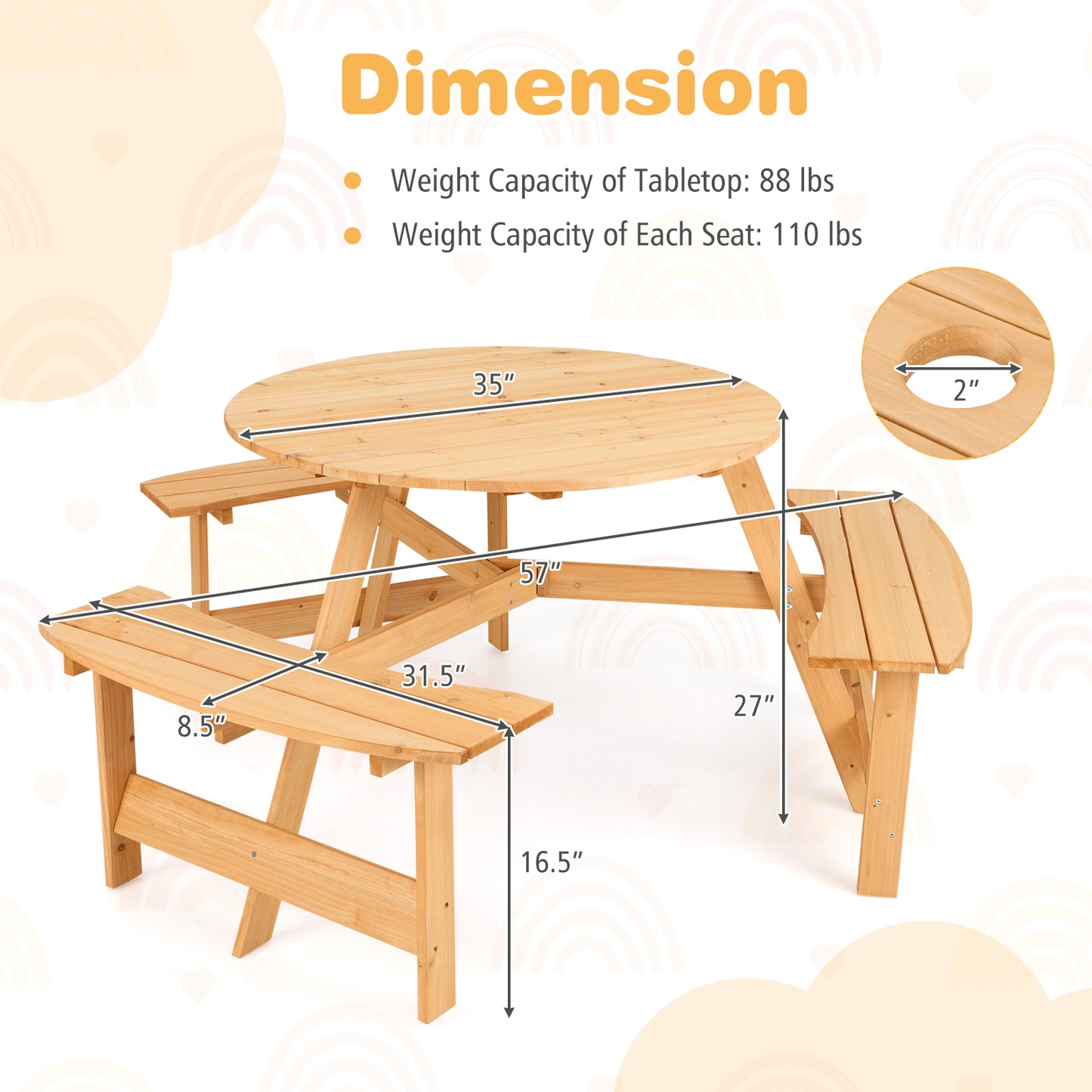 Wooden Kids Picnic Table and Bench Set with Umbrella Hole