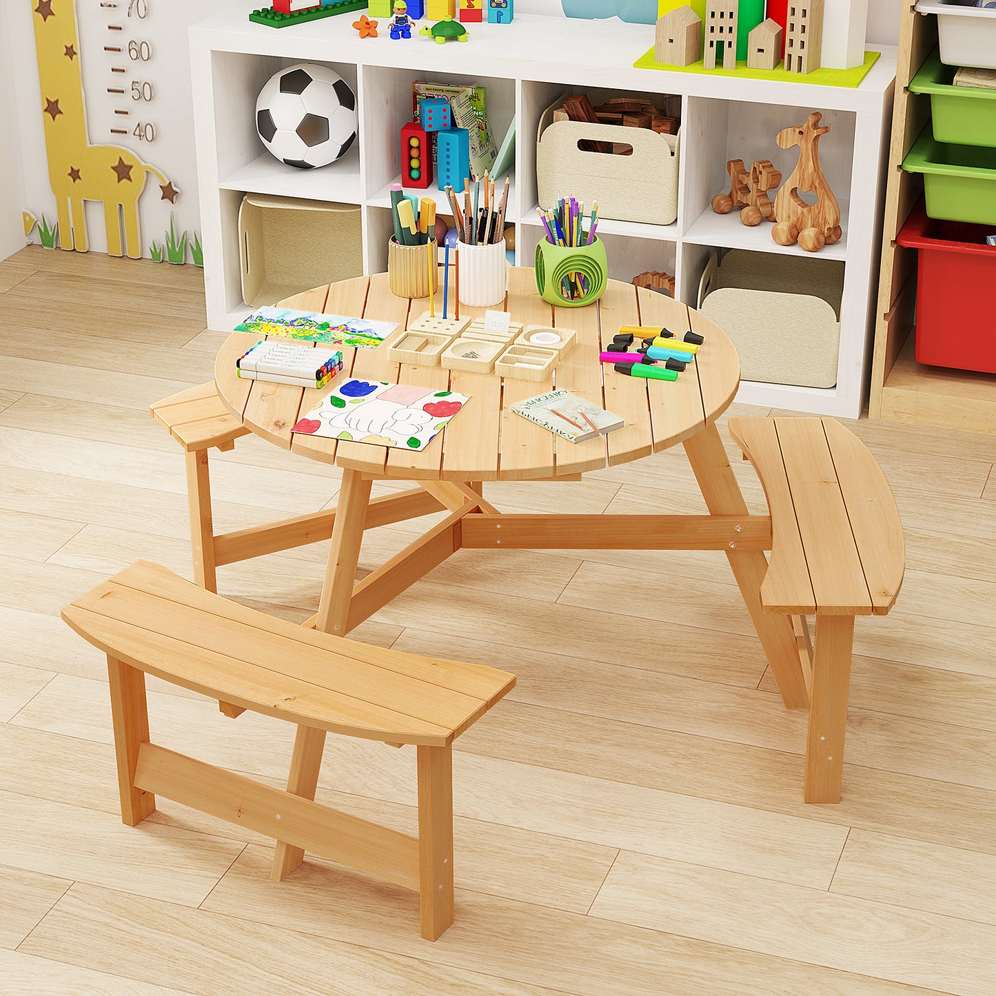 Wooden Kids Picnic Table and Bench Set with Umbrella Hole