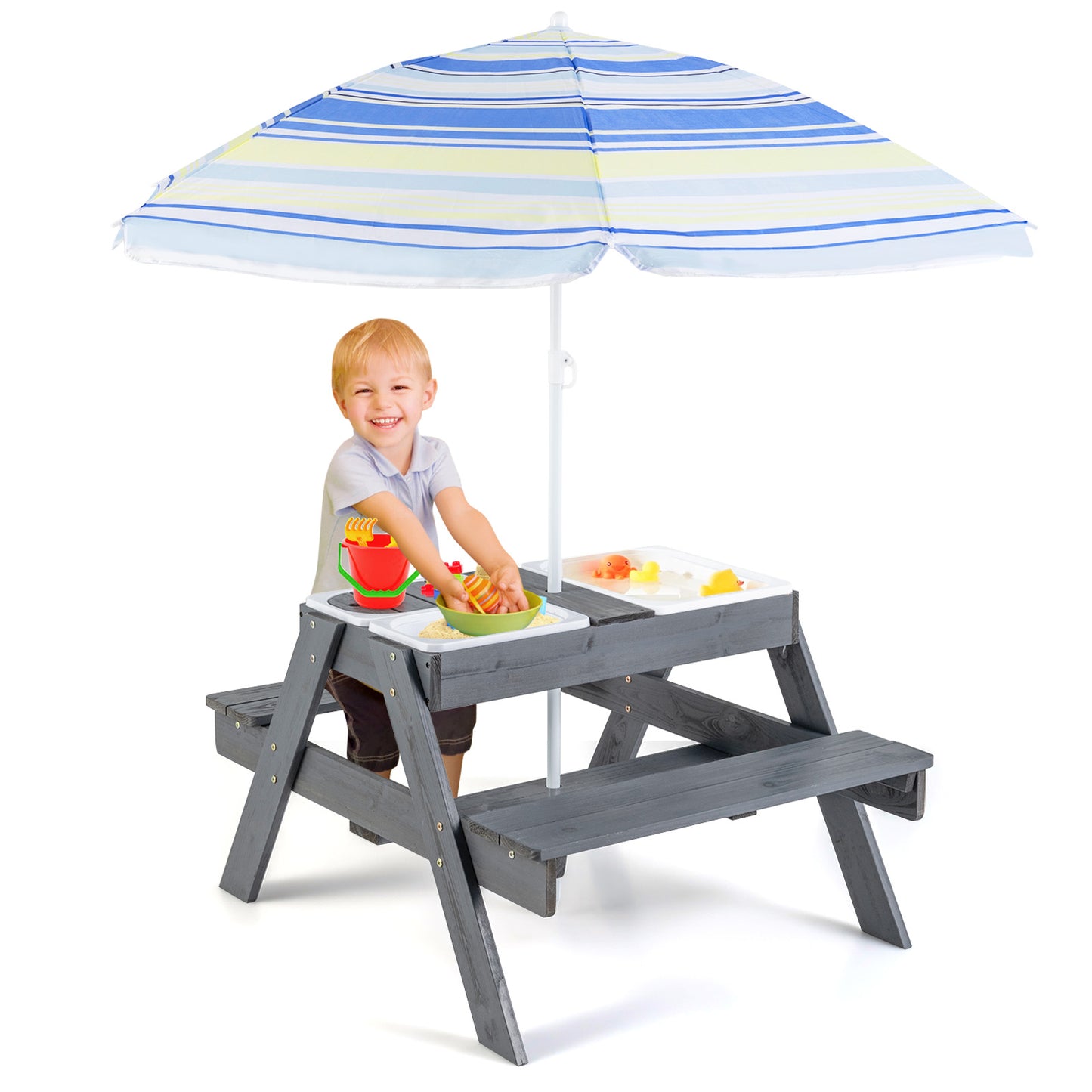 Kids Picnic Table Set with Umbrella and 3 Storage Bins