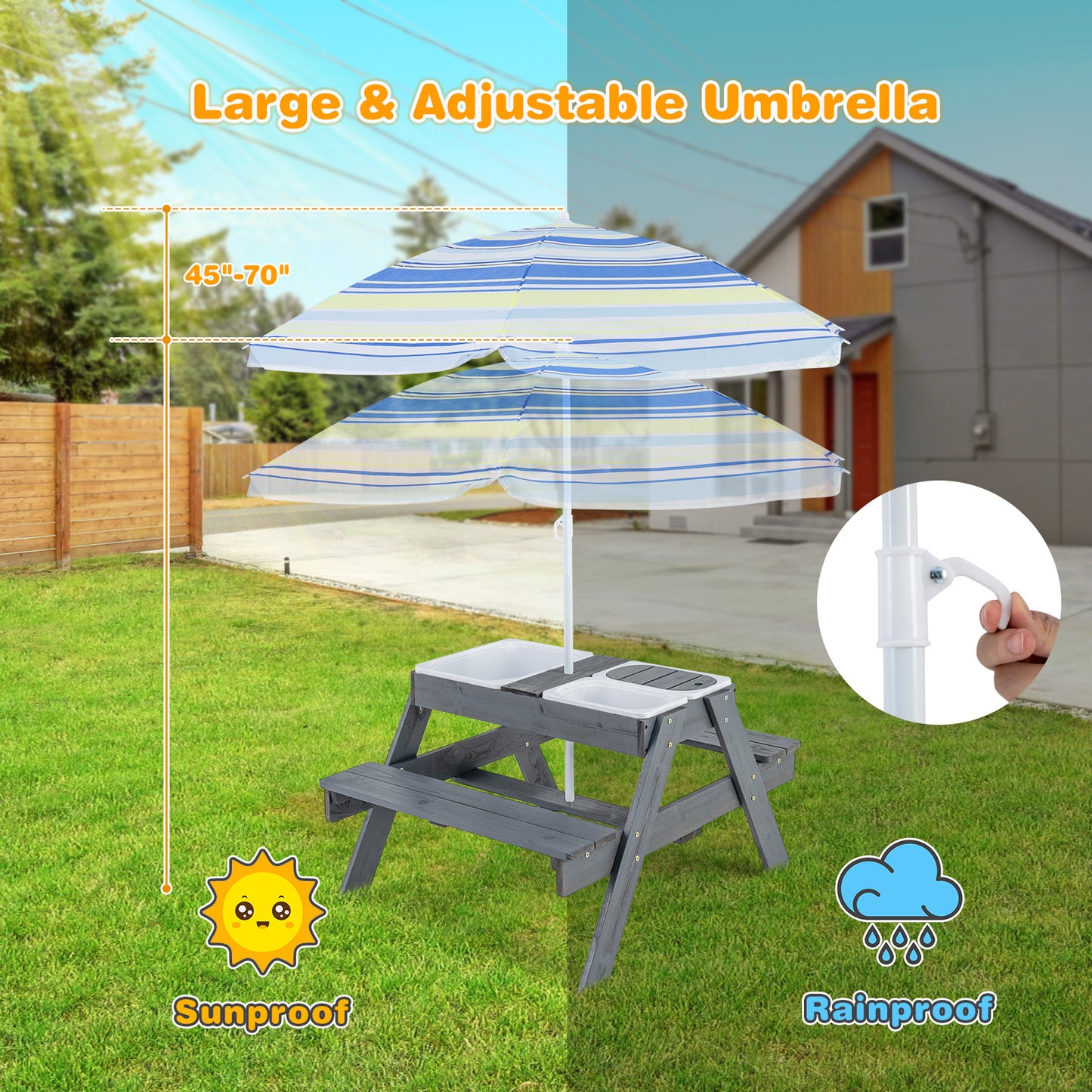 Kids Picnic Table Set with Umbrella and 3 Storage Bins