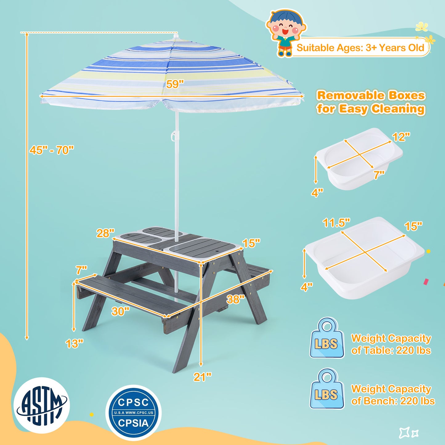 Kids Picnic Table Set with Umbrella and 3 Storage Bins