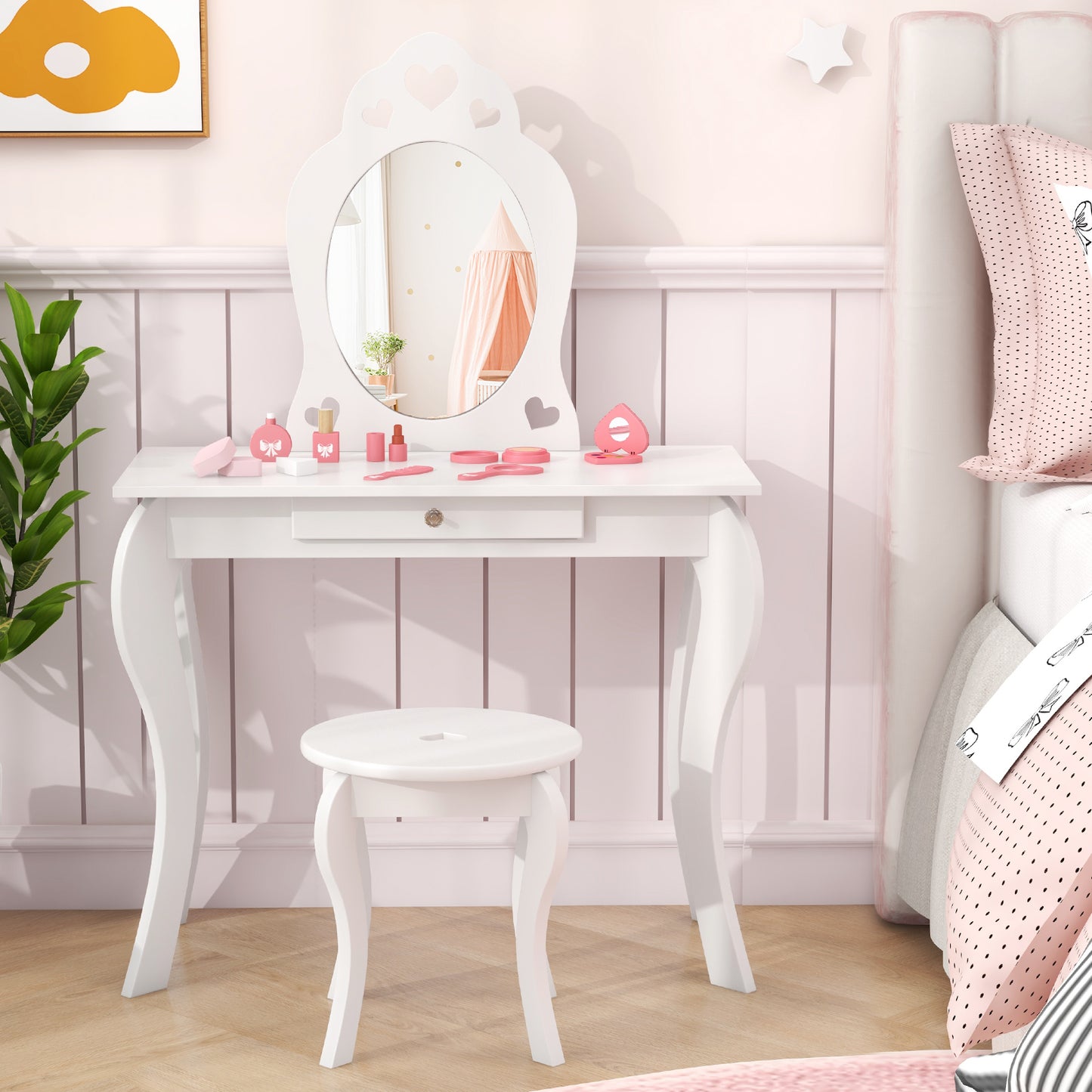 Kids Vanity Table Set with Mirror and Stool