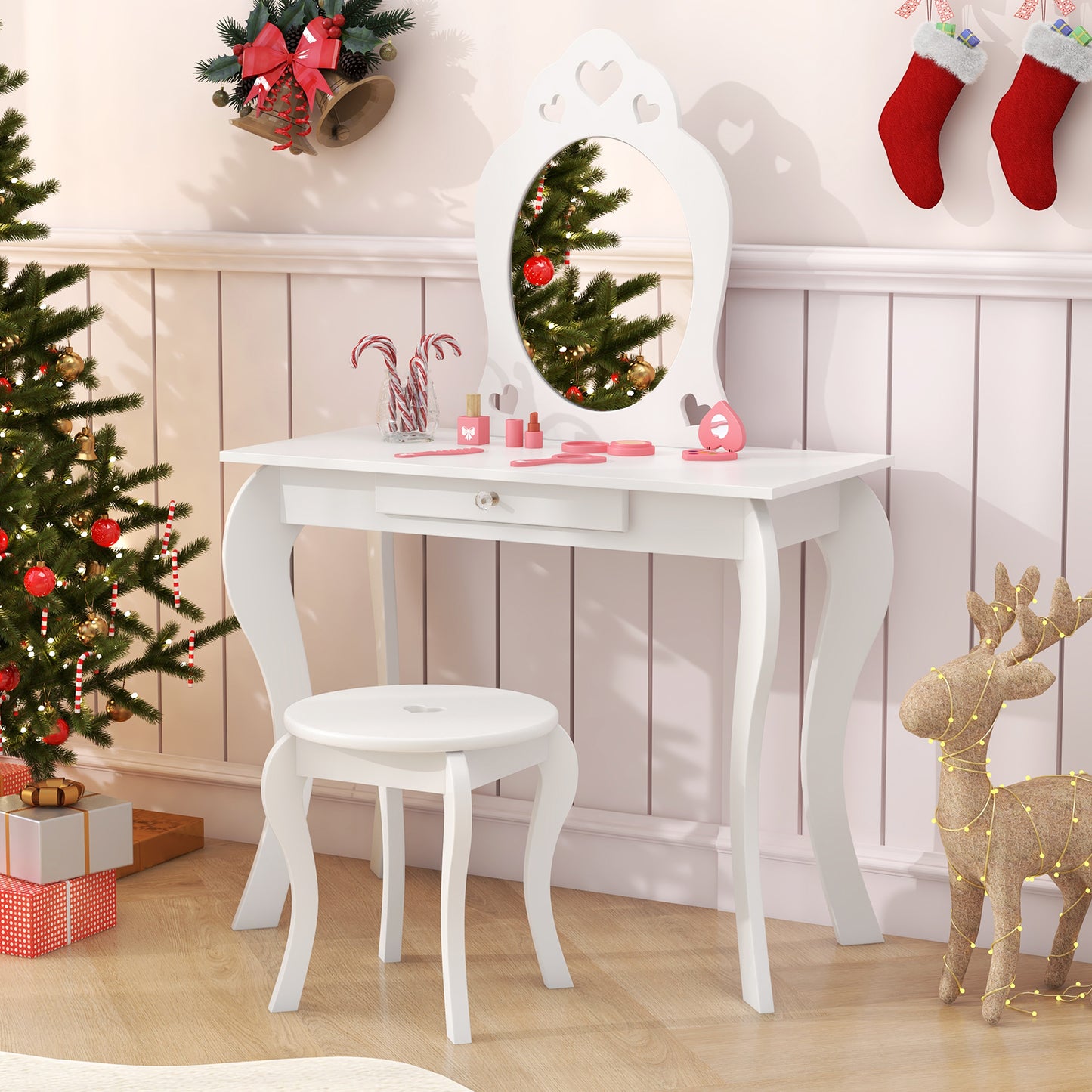 Kids Vanity Table Set with Mirror and Stool