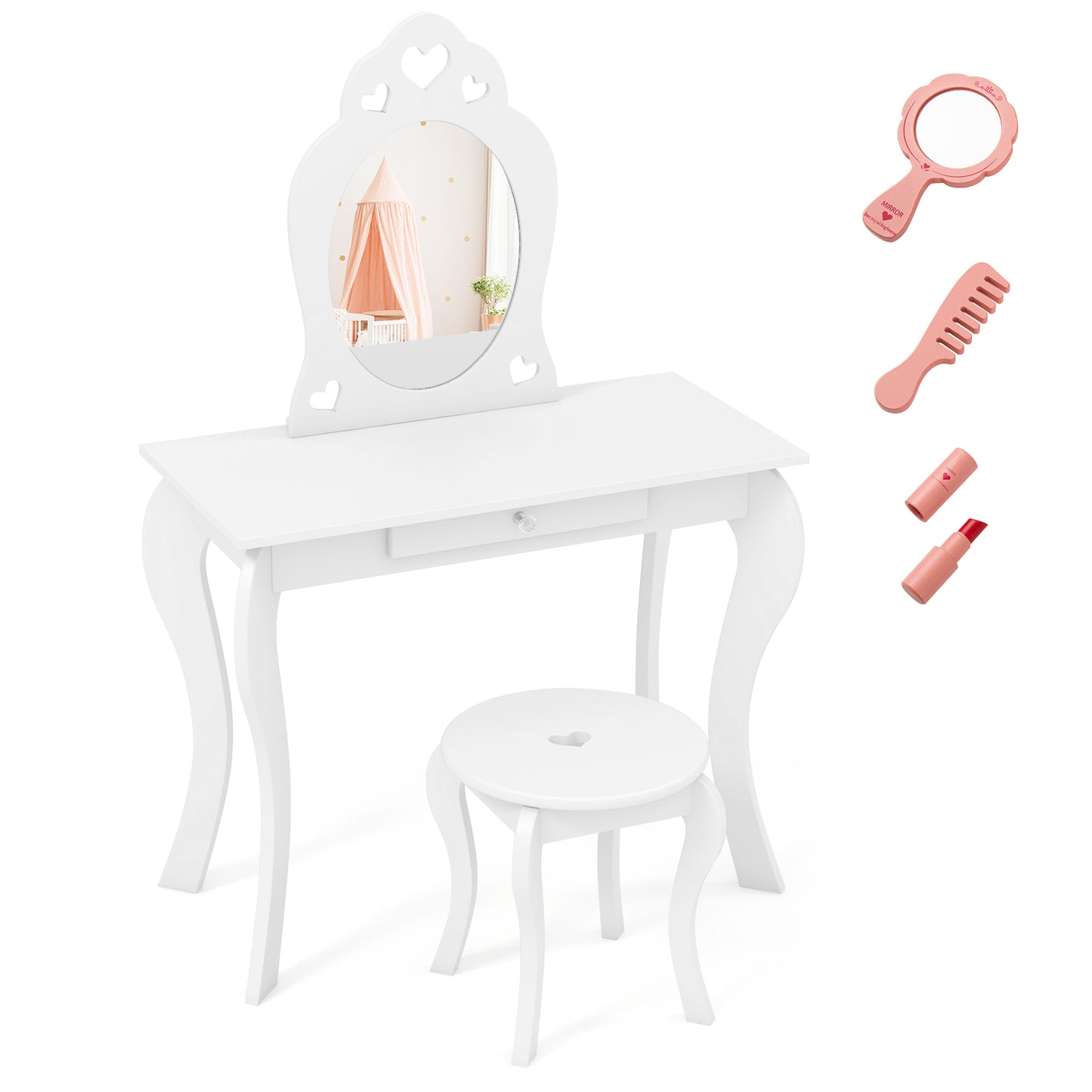 Kids Vanity Table Set with Mirror and Stool