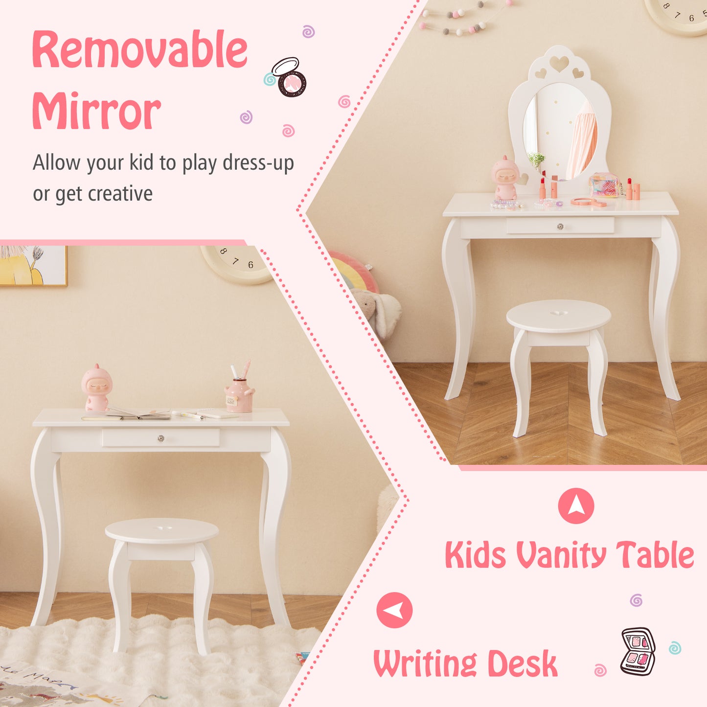 Kids Vanity Table Set with Mirror and Stool