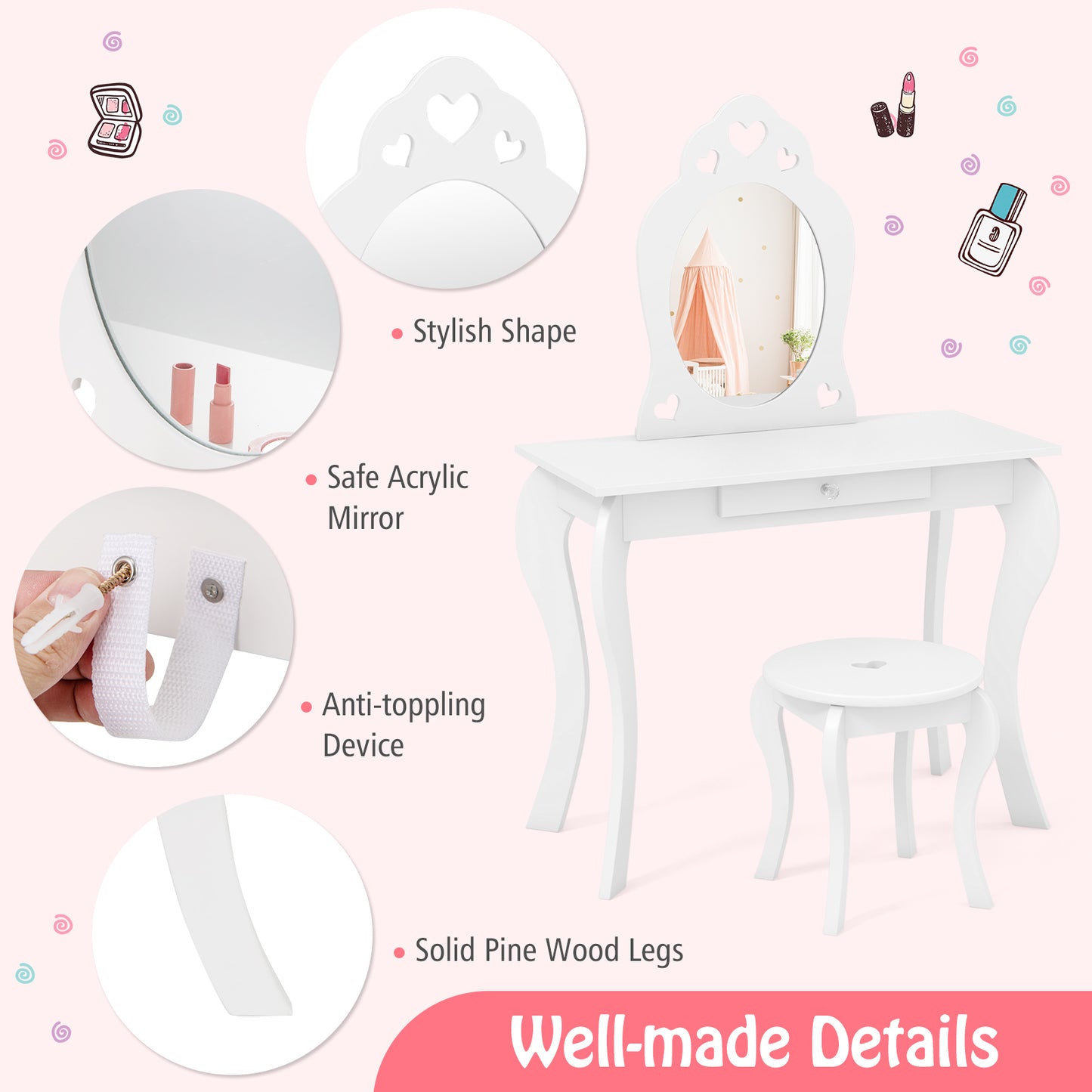 Kids Vanity Table Set with Mirror and Stool