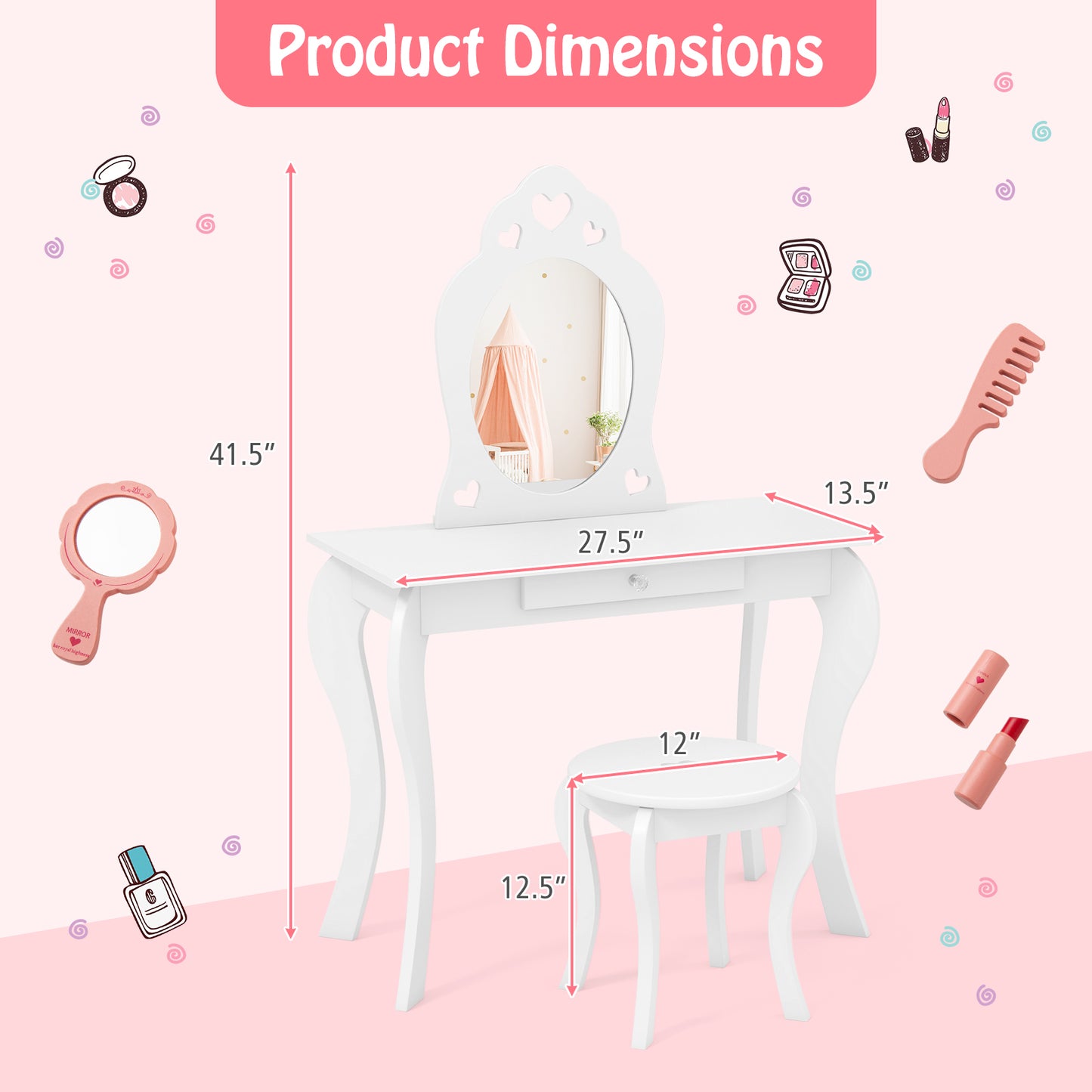 Kids Vanity Table Set with Mirror and Stool