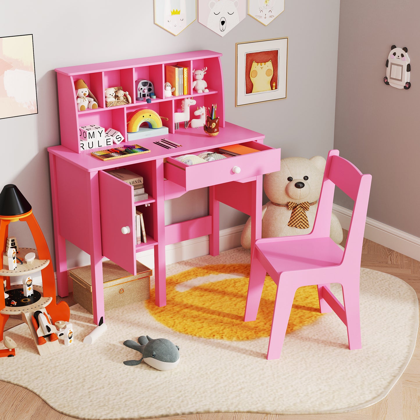 Kids Study Desk and Chair Set with Hutch and Storage Cabinet