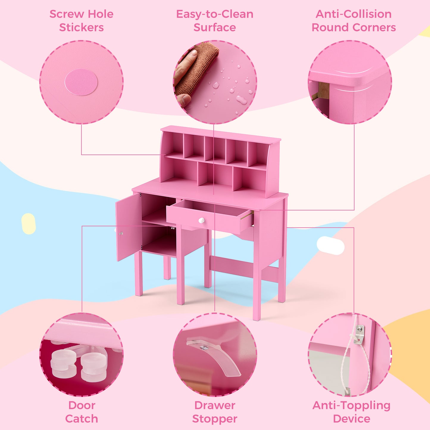 Kids Study Desk and Chair Set with Hutch and Storage Cabinet