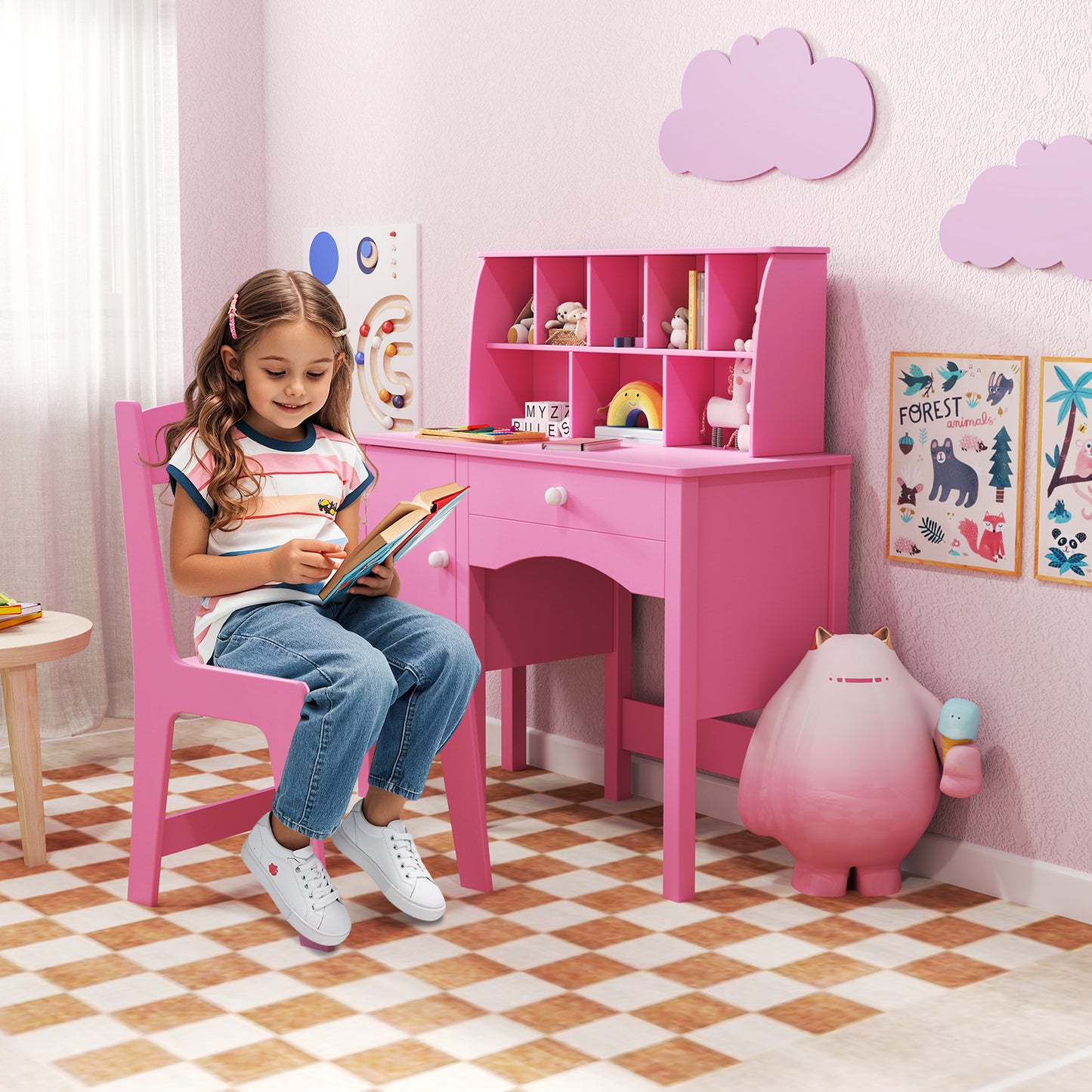 Kids Study Desk and Chair Set with Hutch and Storage Cabinet