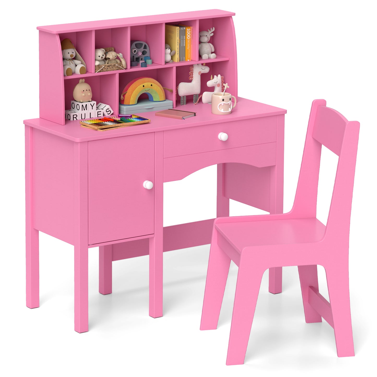Kids Study Desk and Chair Set with Hutch and Storage Cabinet