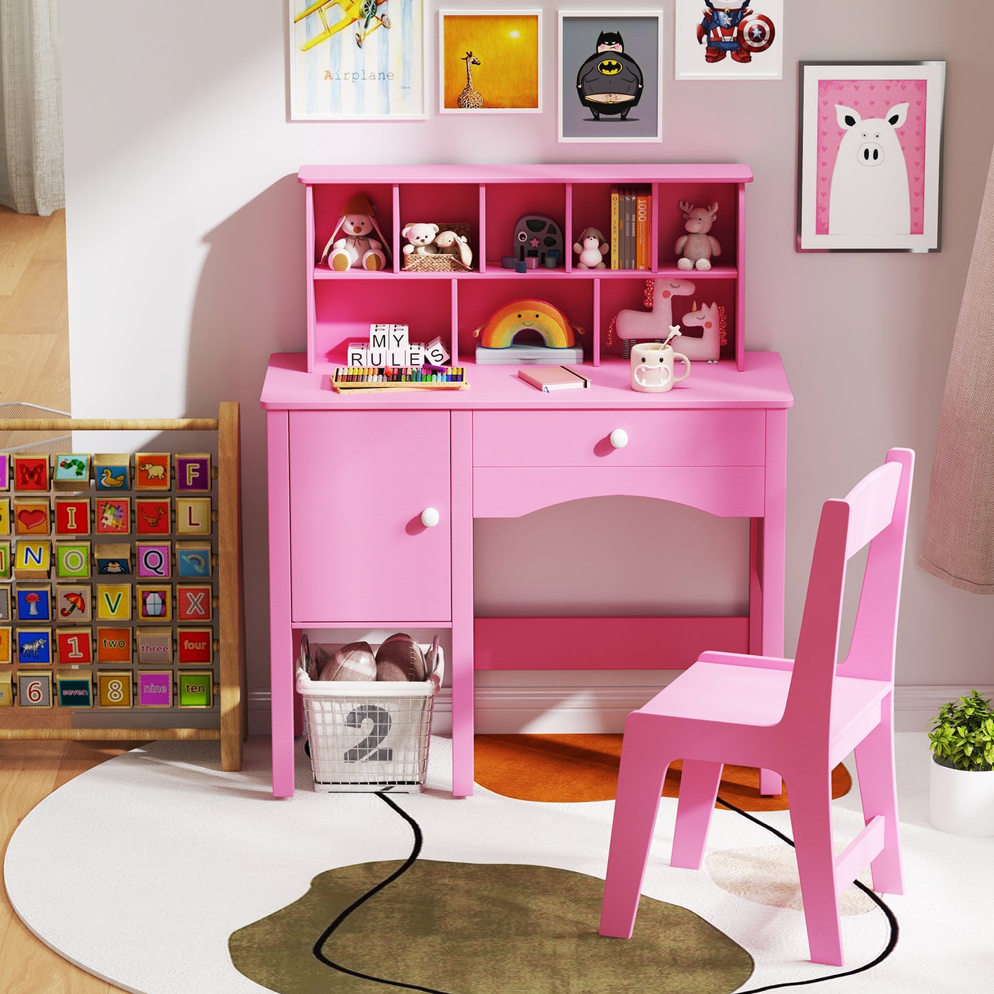 Kids Study Desk and Chair Set with Hutch and Storage Cabinet