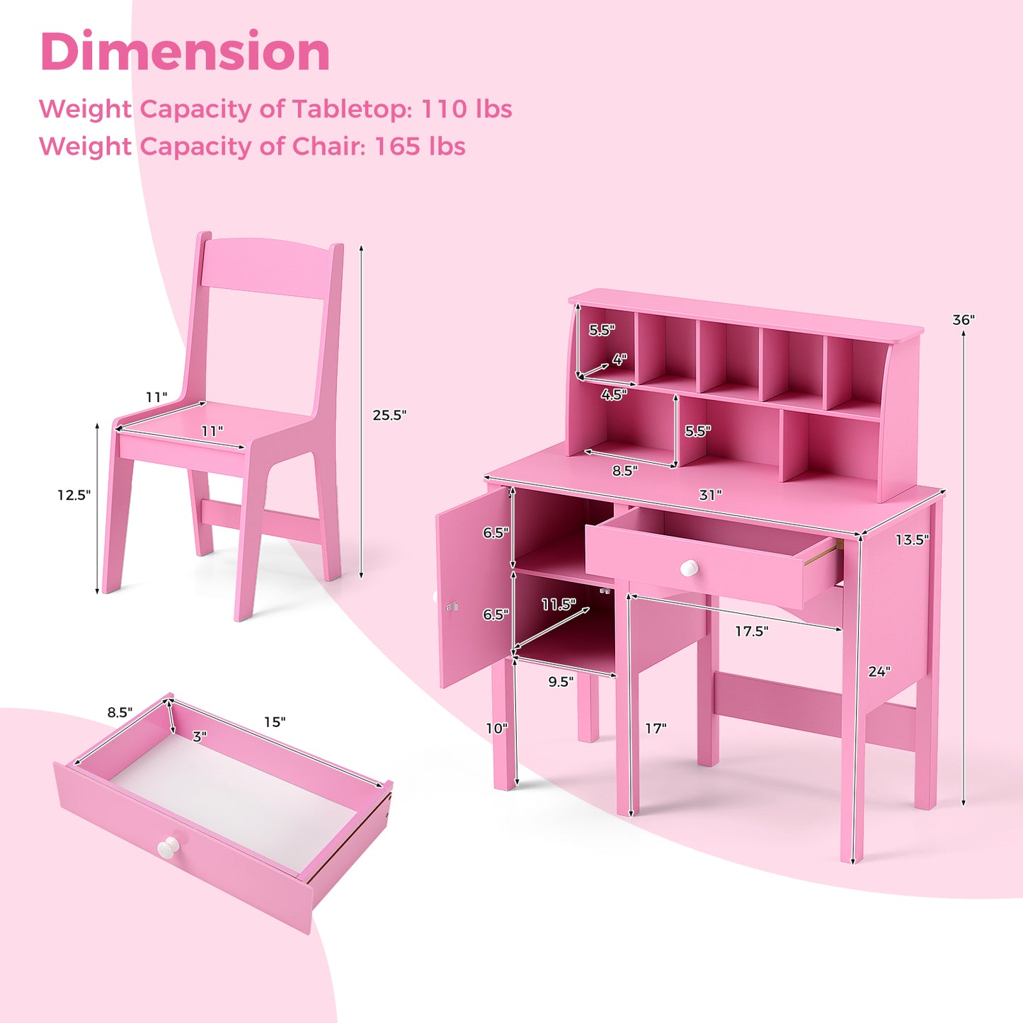 Kids Study Desk and Chair Set with Hutch and Storage Cabinet