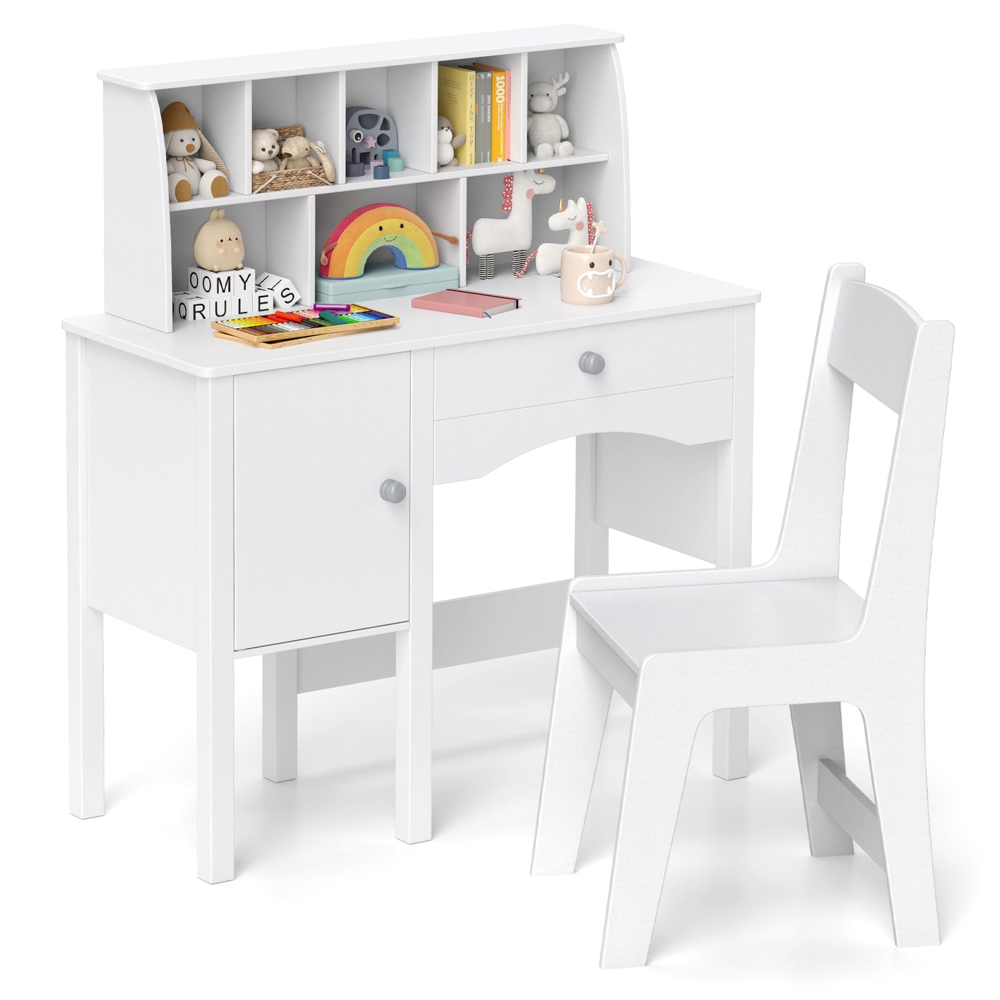 Kids Study Desk and Chair Set with Hutch and Storage Cabinet