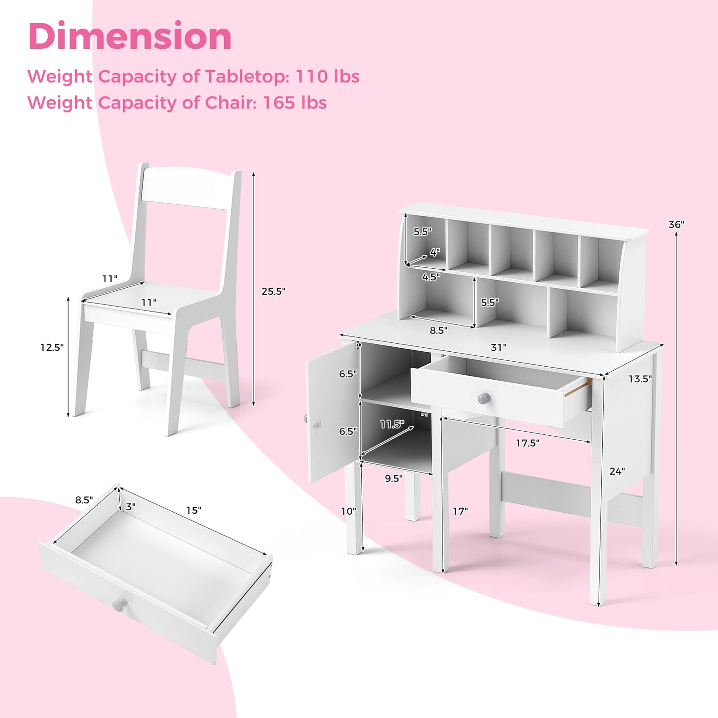 Kids Study Desk and Chair Set with Hutch and Storage Cabinet