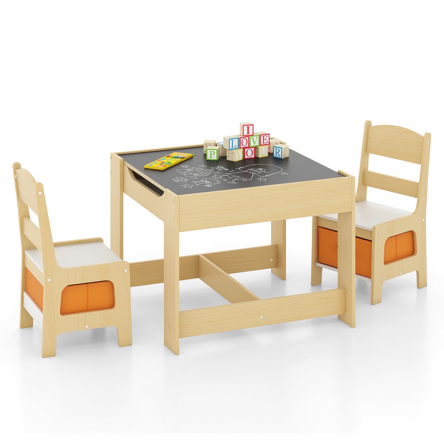 Kids Table and Chair Set with Storage and Drawing Board