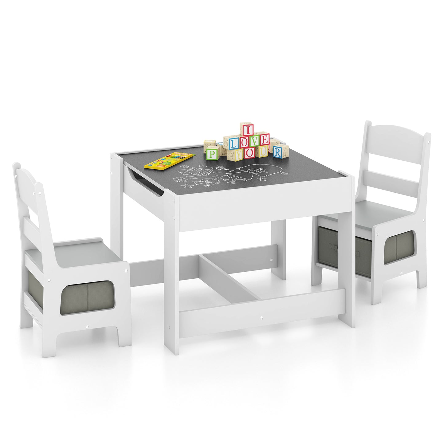 Kids Table and Chair Set with Storage and Drawing Board