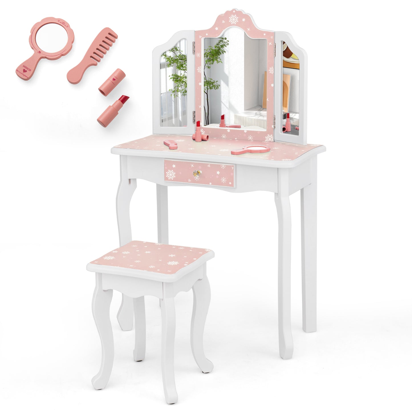 Kids Vanity Table and Stool Set with Tri-Folding Mirror