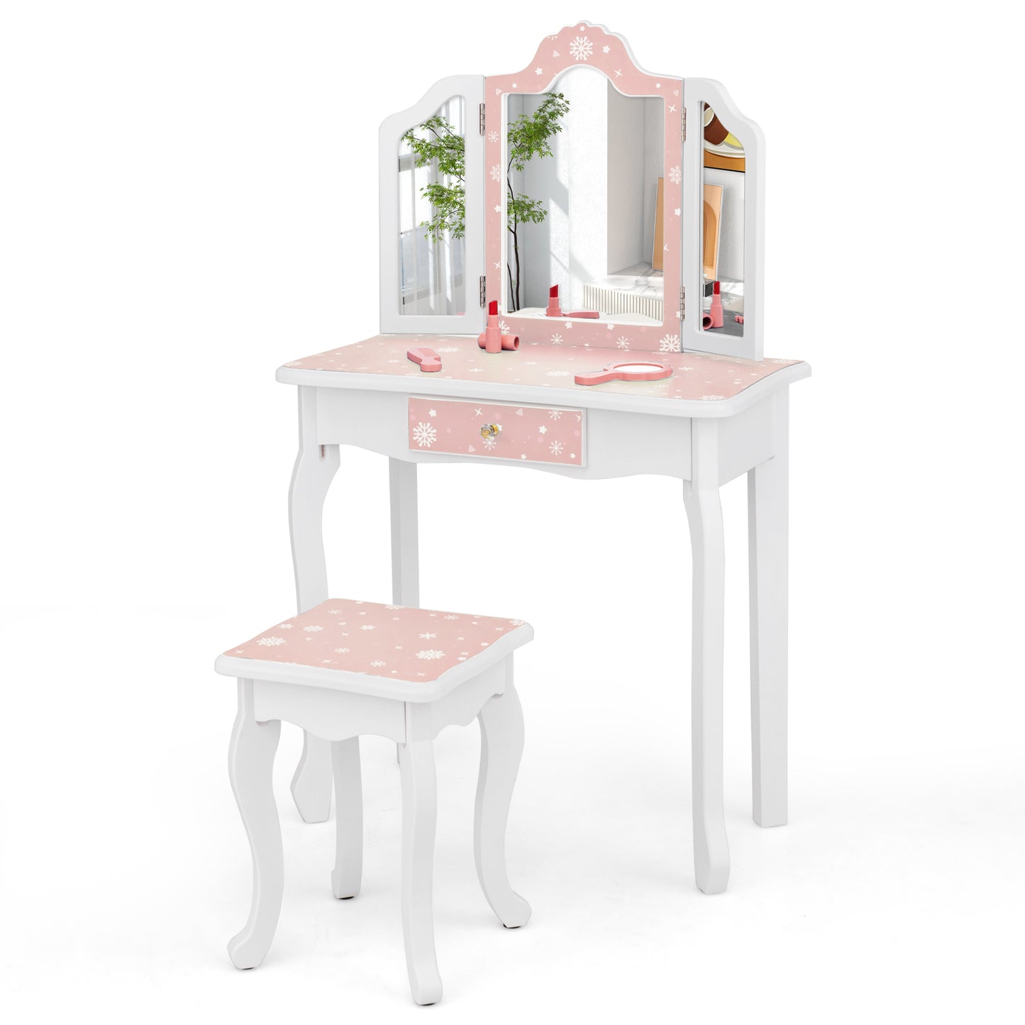Kids Vanity Table and Stool Set with Tri-Folding Mirror