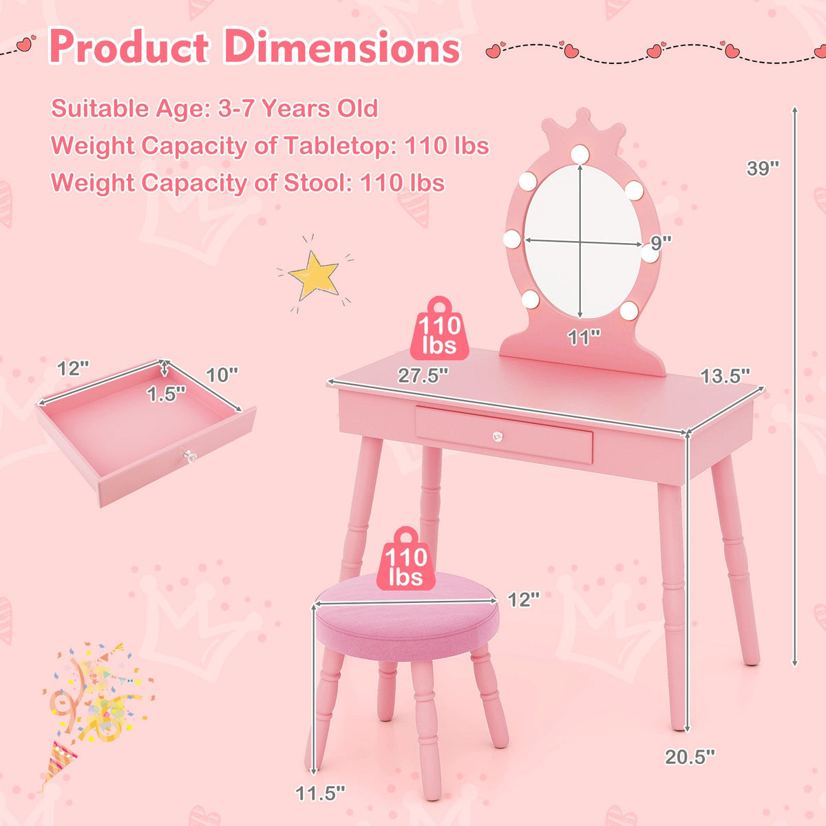 Kids Vanity Set with Lighted Mirror with Adjustable Brightness and Large Drawer