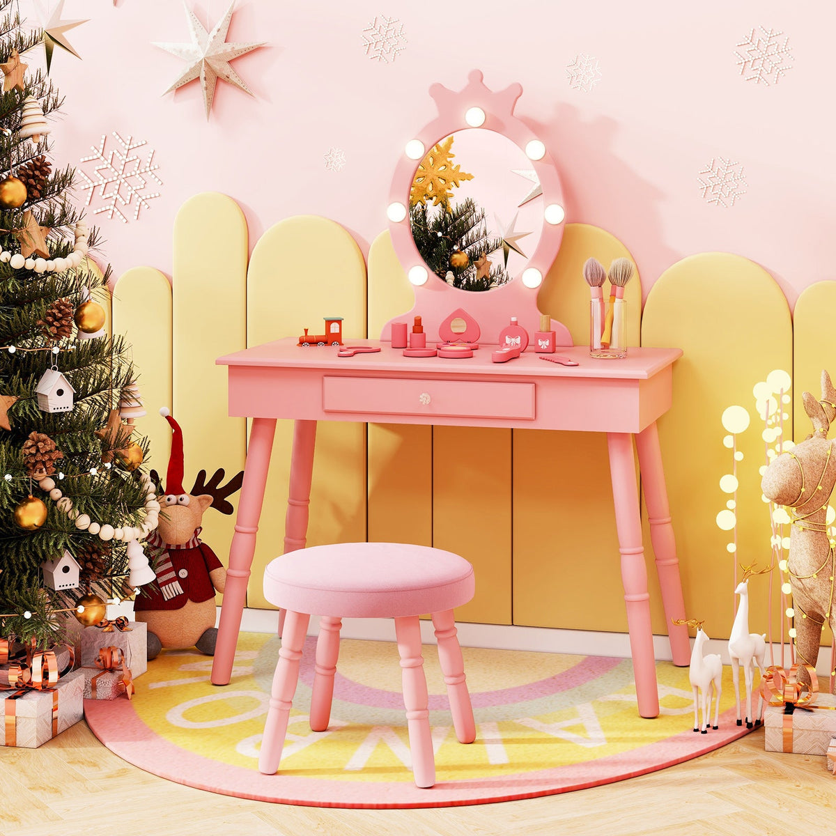Kids Vanity Set with Lighted Mirror with Adjustable Brightness and Large Drawer