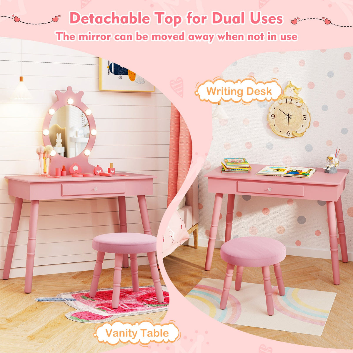 Kids Vanity Set with Lighted Mirror with Adjustable Brightness and Large Drawer