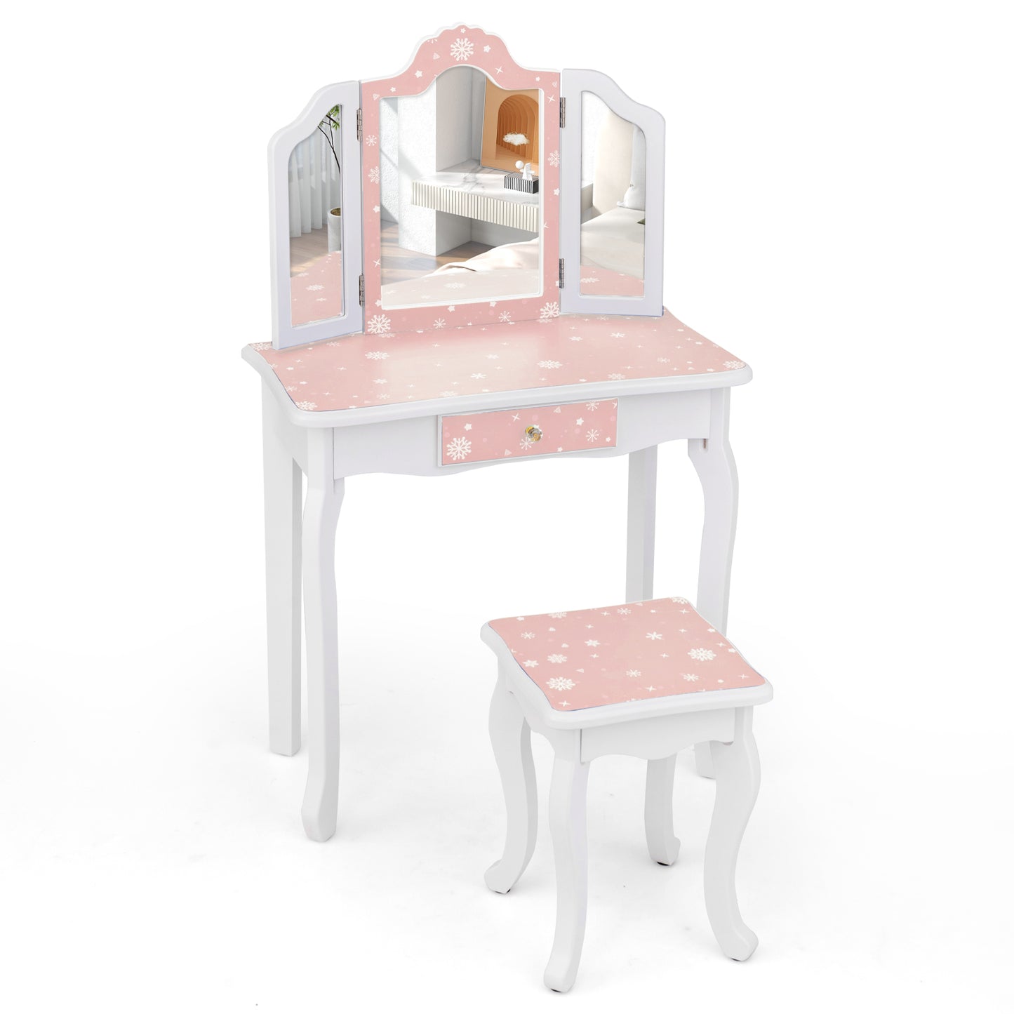 Kids Vanity Table and Stool Set with Tri-Folding Mirror