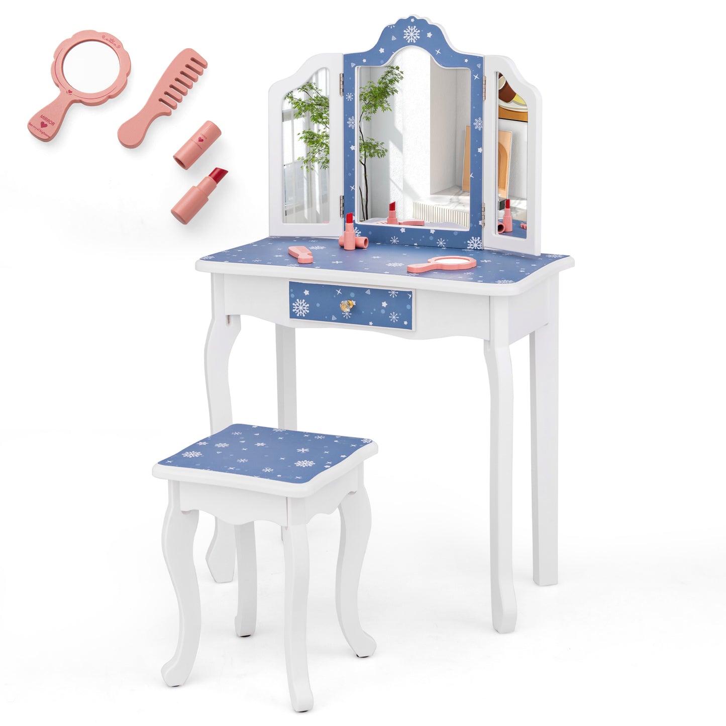 Kids Vanity Table and Stool Set with Tri-Folding Mirror