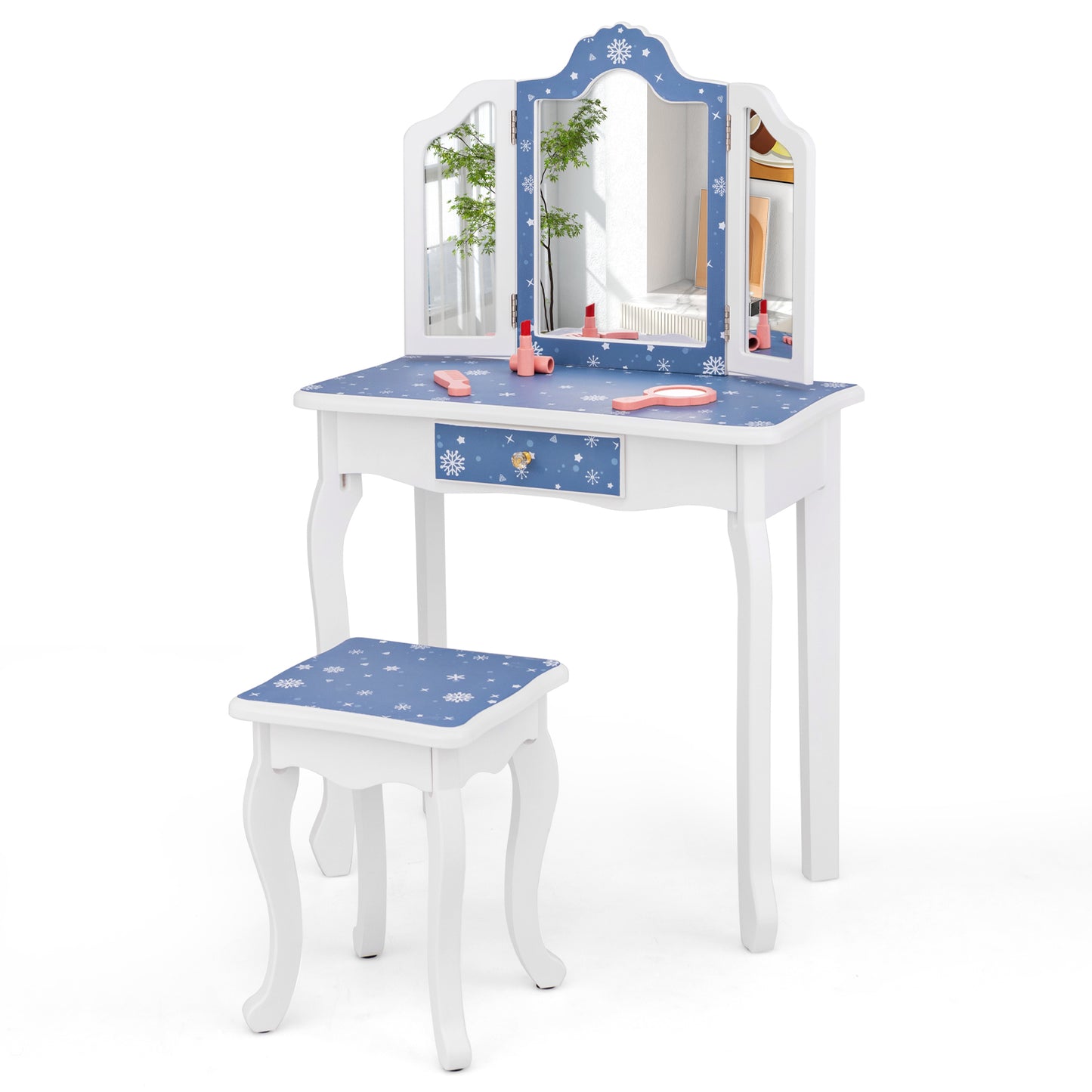 Kids Vanity Table and Stool Set with Tri-Folding Mirror