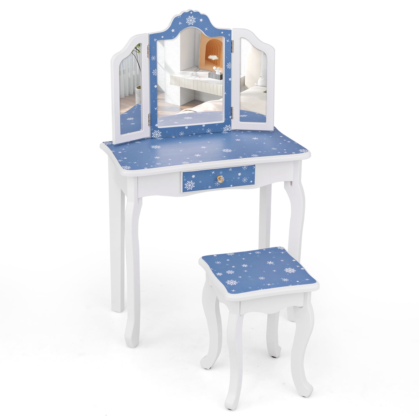 Kids Vanity Table and Stool Set with Tri-Folding Mirror