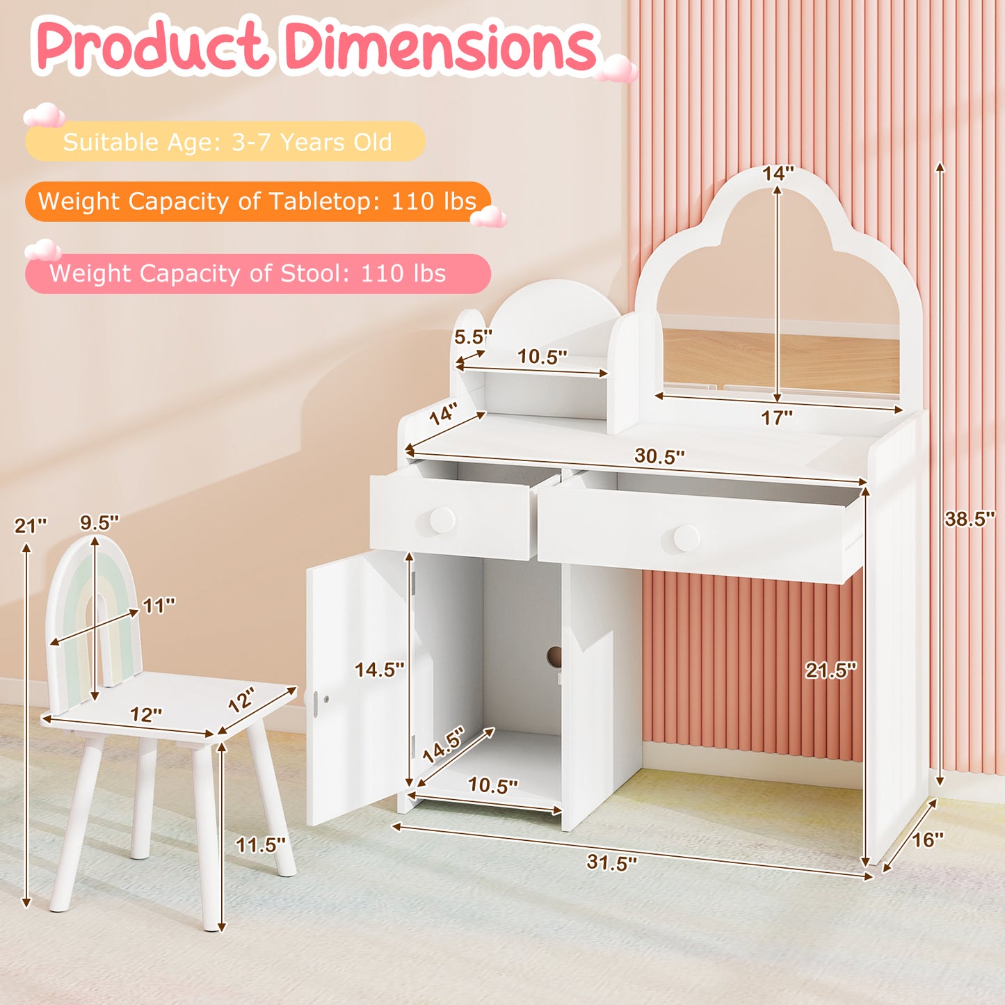 Kids Vanity Table and Chair Set with Cloud-Shaped Mirror