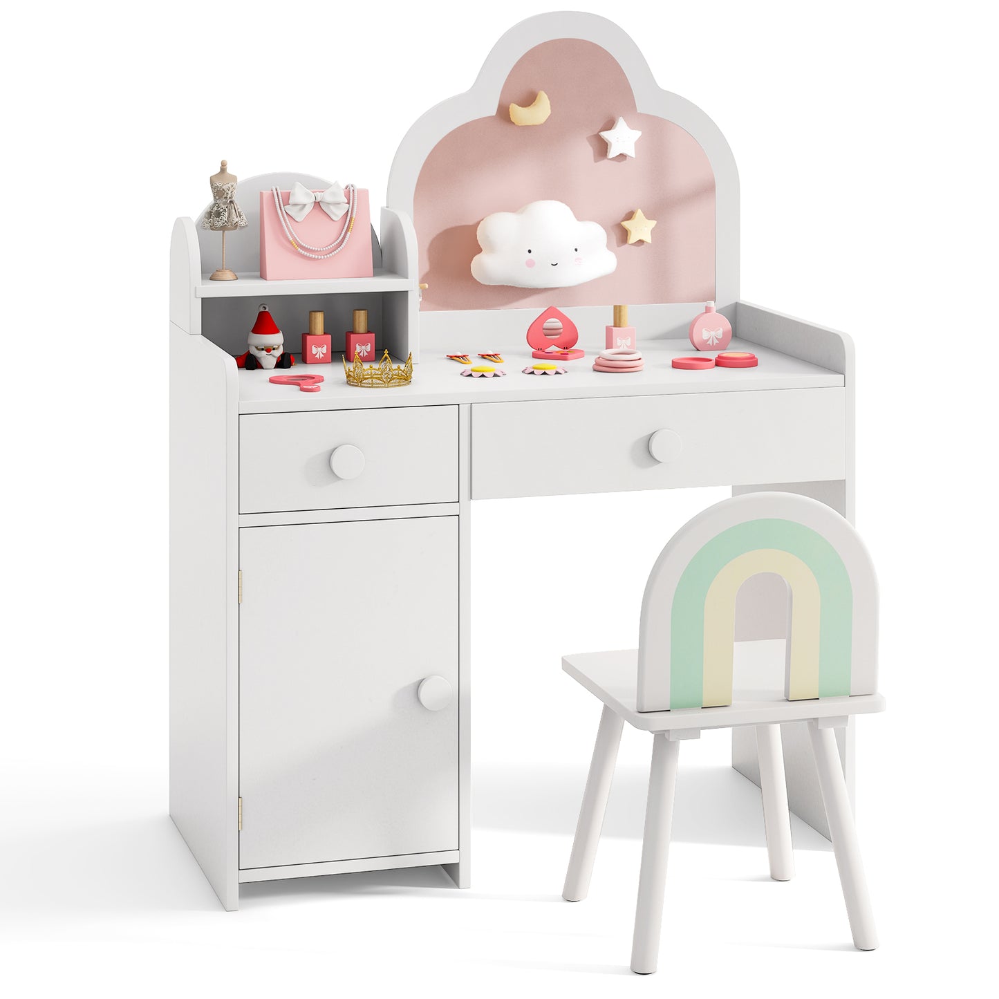 Kids Vanity Table and Chair Set with Cloud-Shaped Mirror