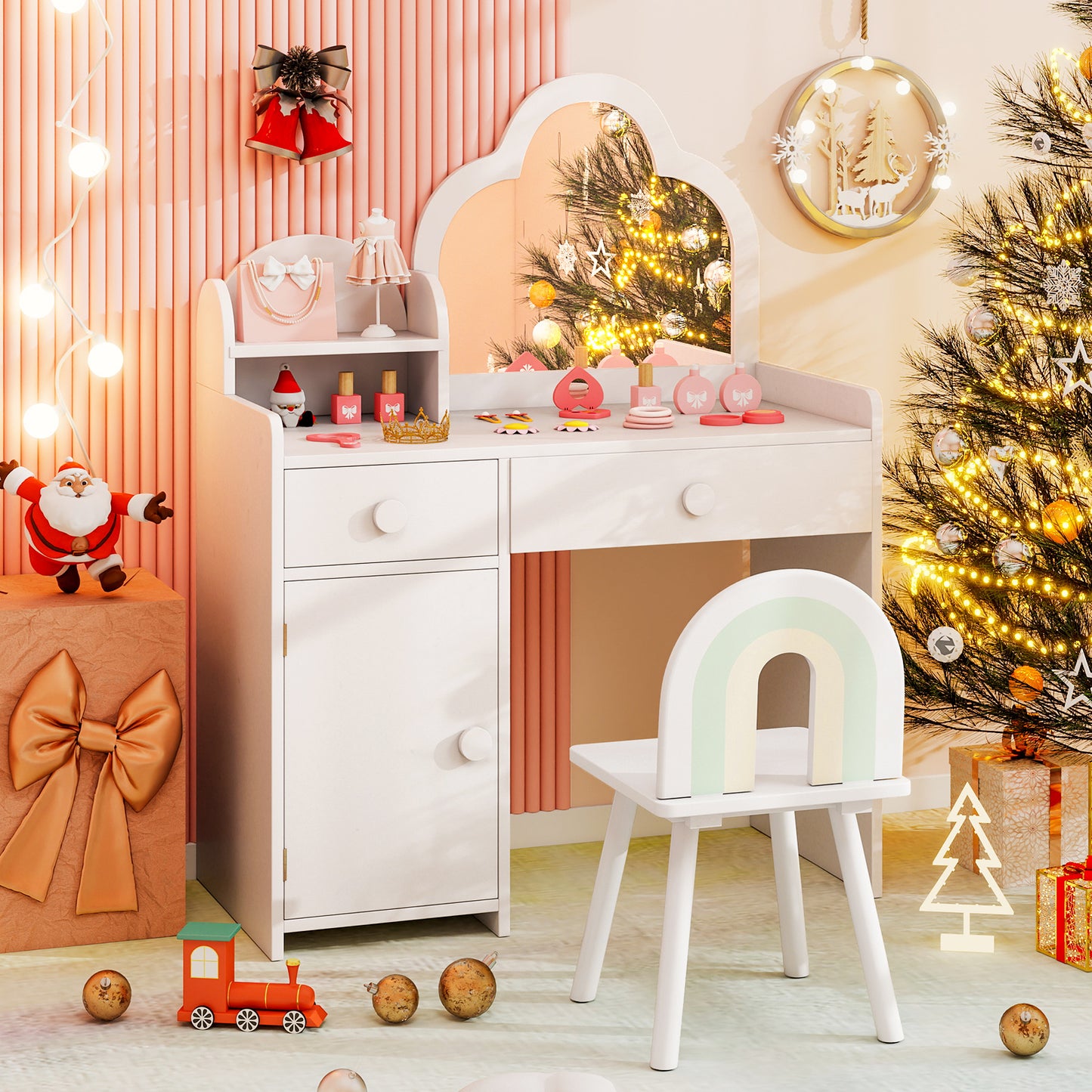 Kids Vanity Table and Chair Set with Cloud-Shaped Mirror
