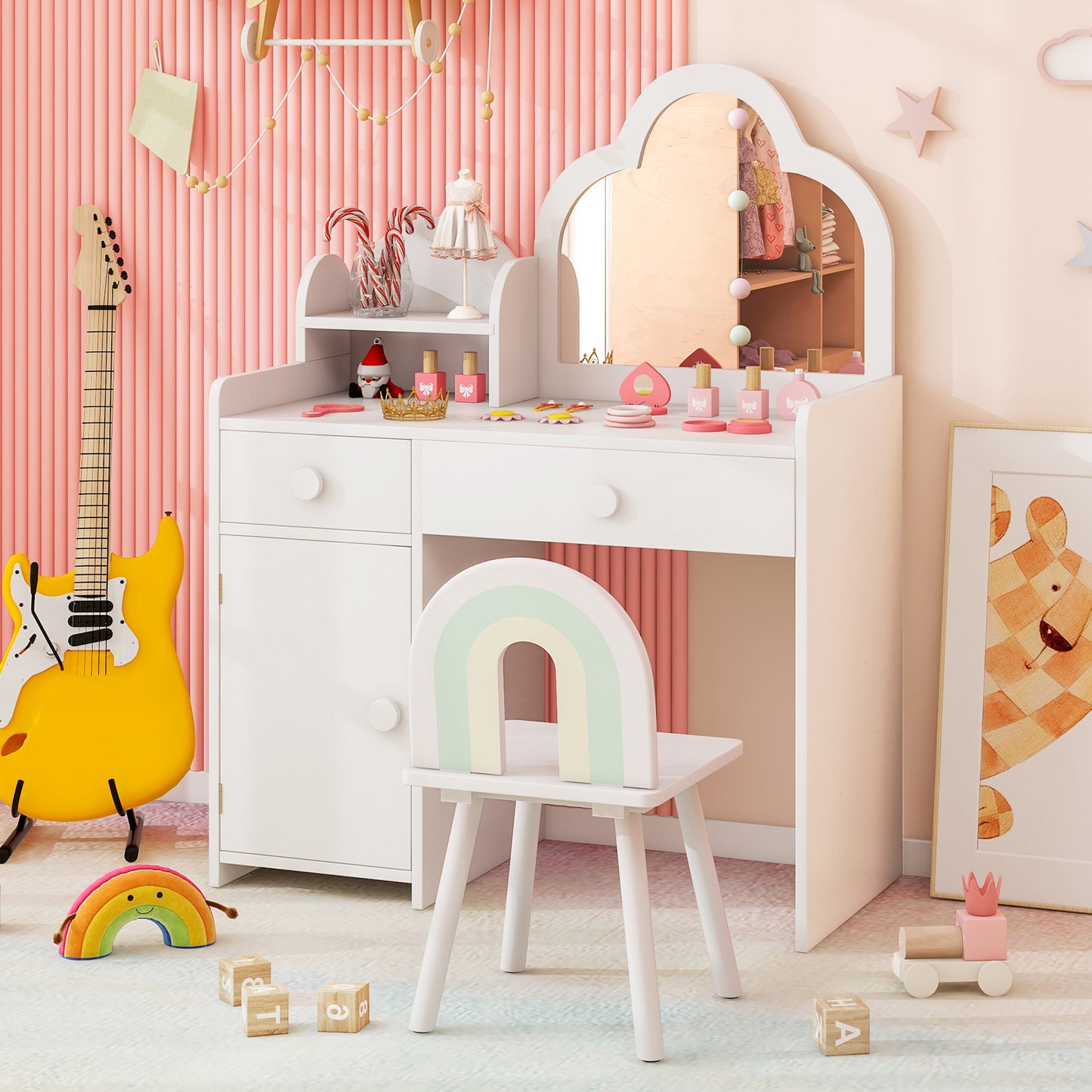 Kids Vanity Table and Chair Set with Cloud-Shaped Mirror