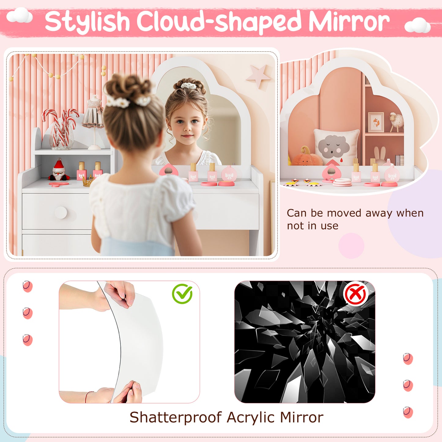 Kids Vanity Table and Chair Set with Cloud-Shaped Mirror