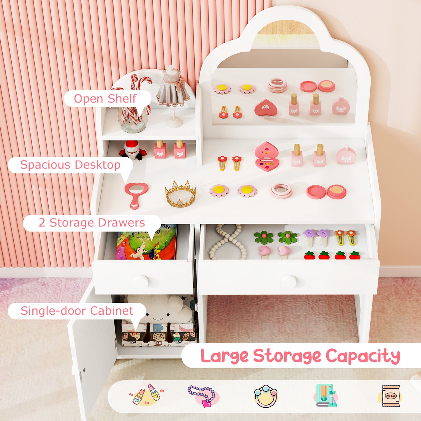 Kids Vanity Table and Chair Set with Cloud-Shaped Mirror