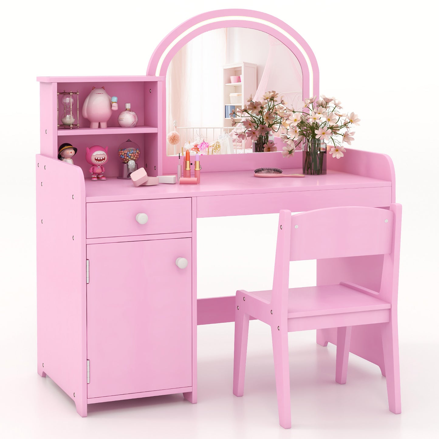 Kids Vanity Table and Chair Set with LED Mirror and Storage