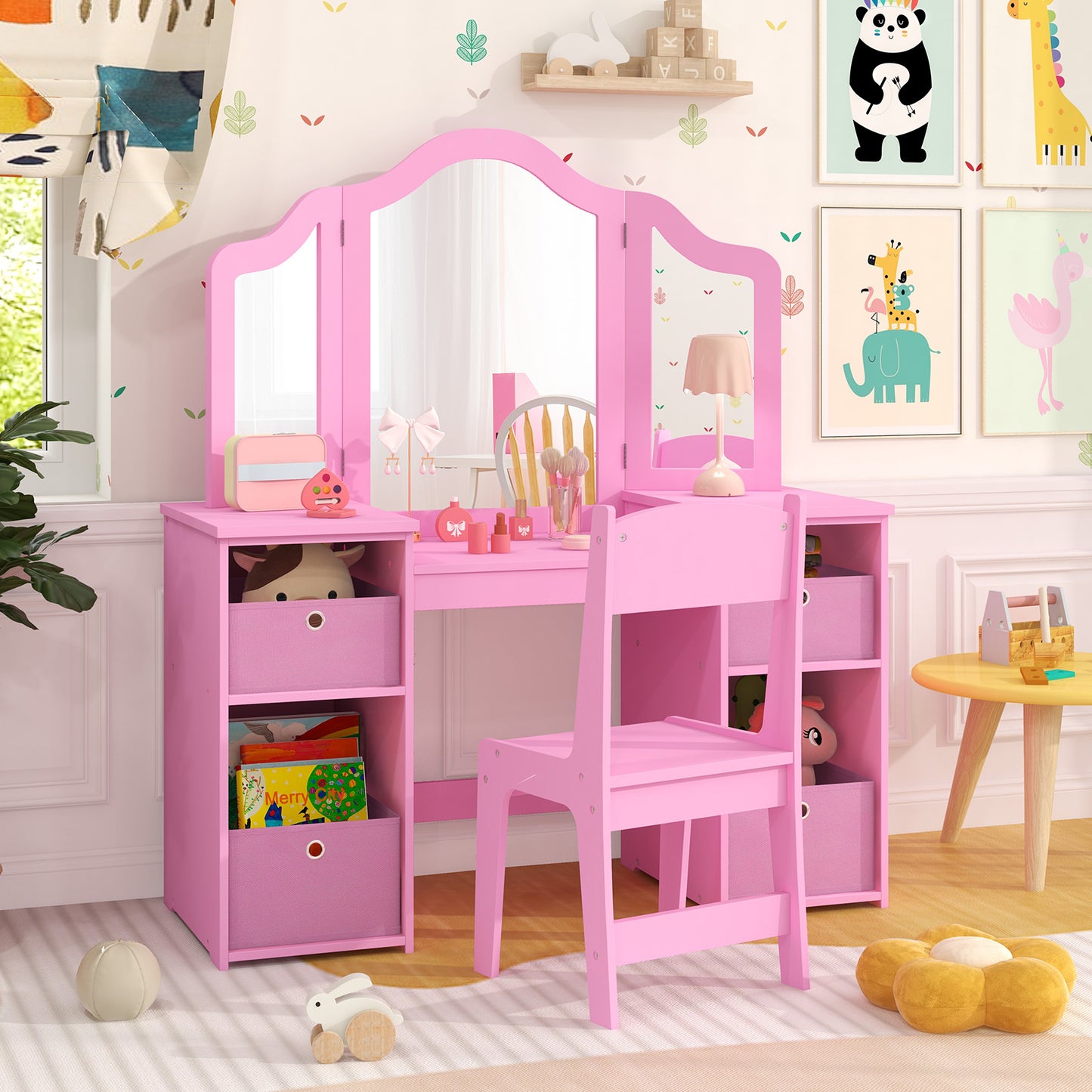 Kids Vanity Table and Chair Set with Removable Mirrors