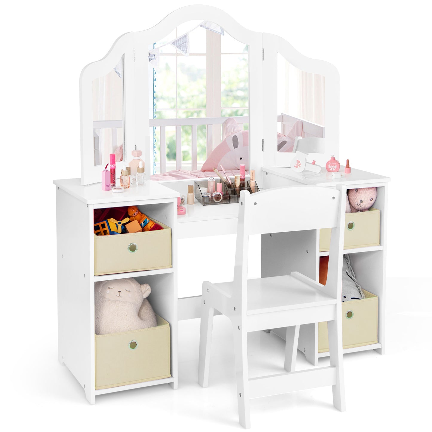 Kids Vanity Table and Chair Set with Removable Mirrors