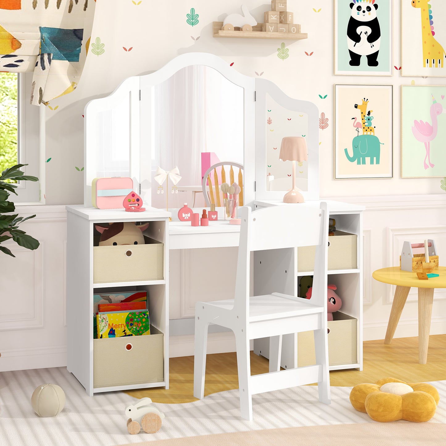 Kids Vanity Table and Chair Set with Removable Mirrors