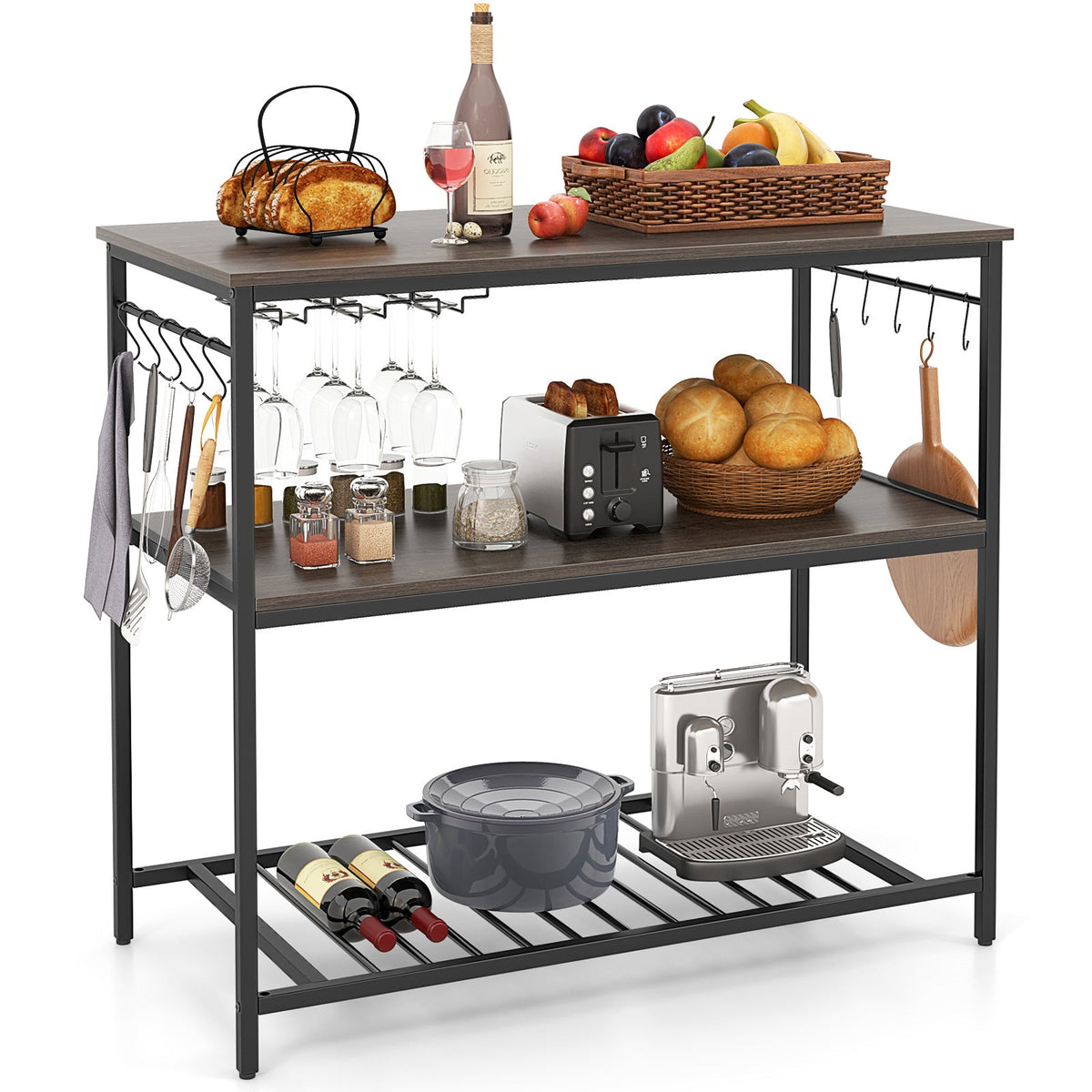 Kitchen Island with 3 Shelves Wine Glass Holders and 10 Hooks-Gray